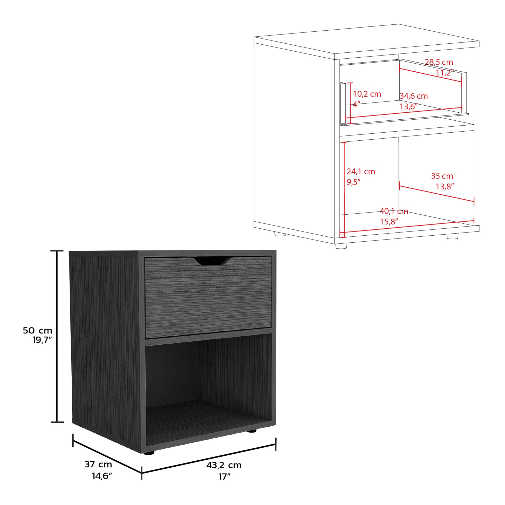 Dark grey wood grain bedside table with one drawer and open shelf