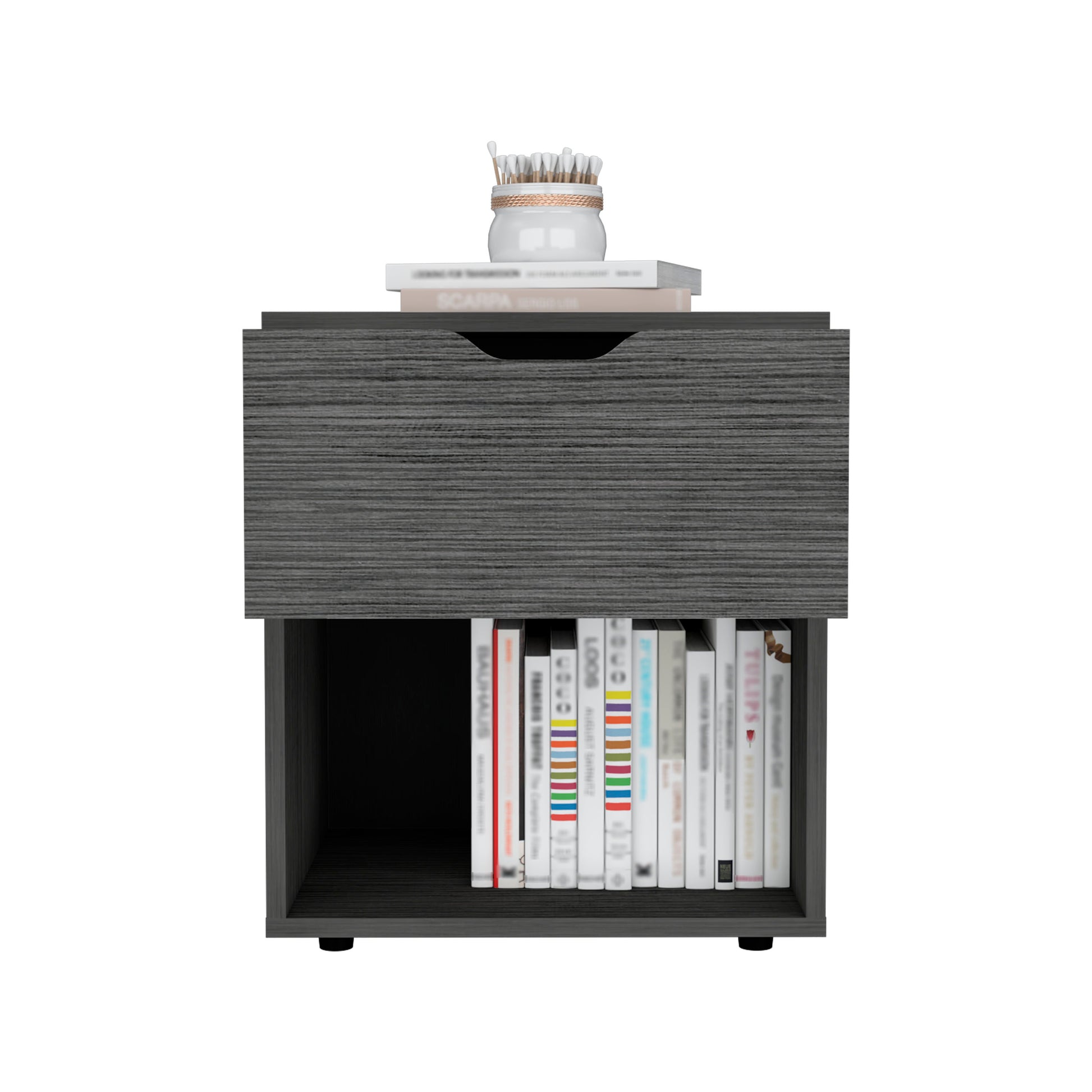 Gray wood grain nightstand with drawer and open shelf displaying books