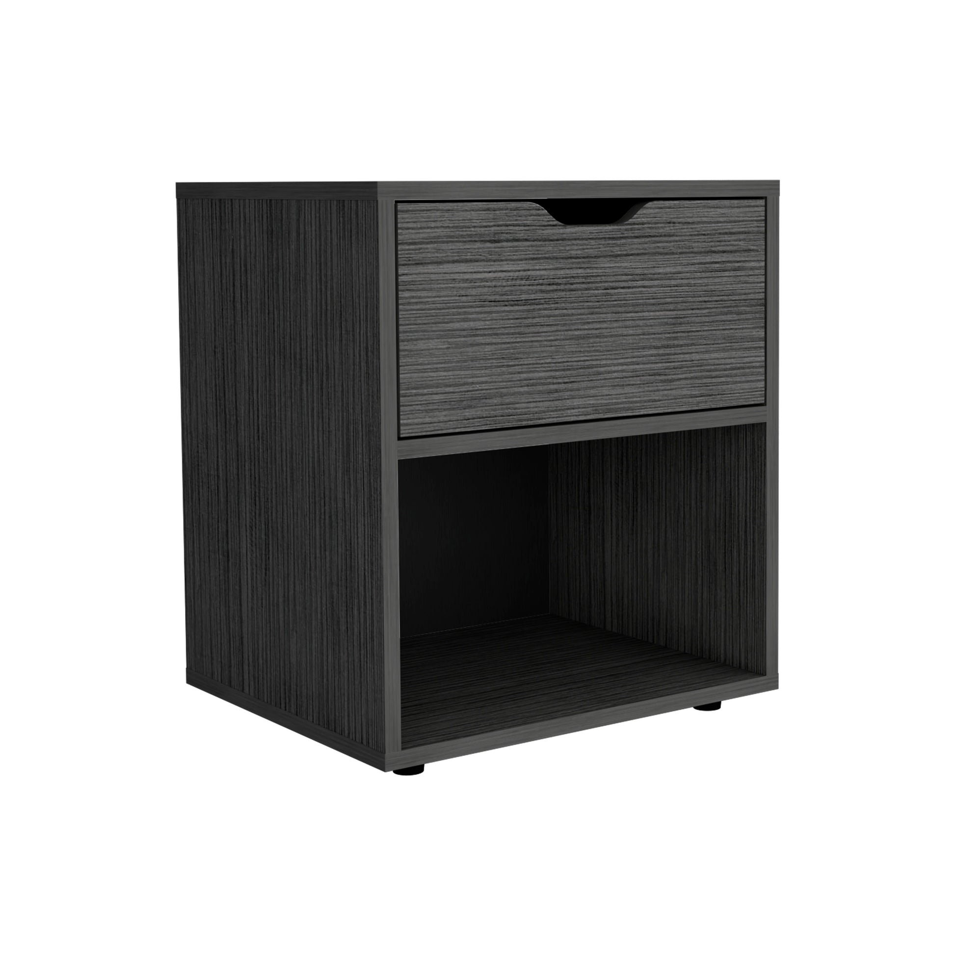 Modern grey woodgrain nightstand with one drawer and an open shelf