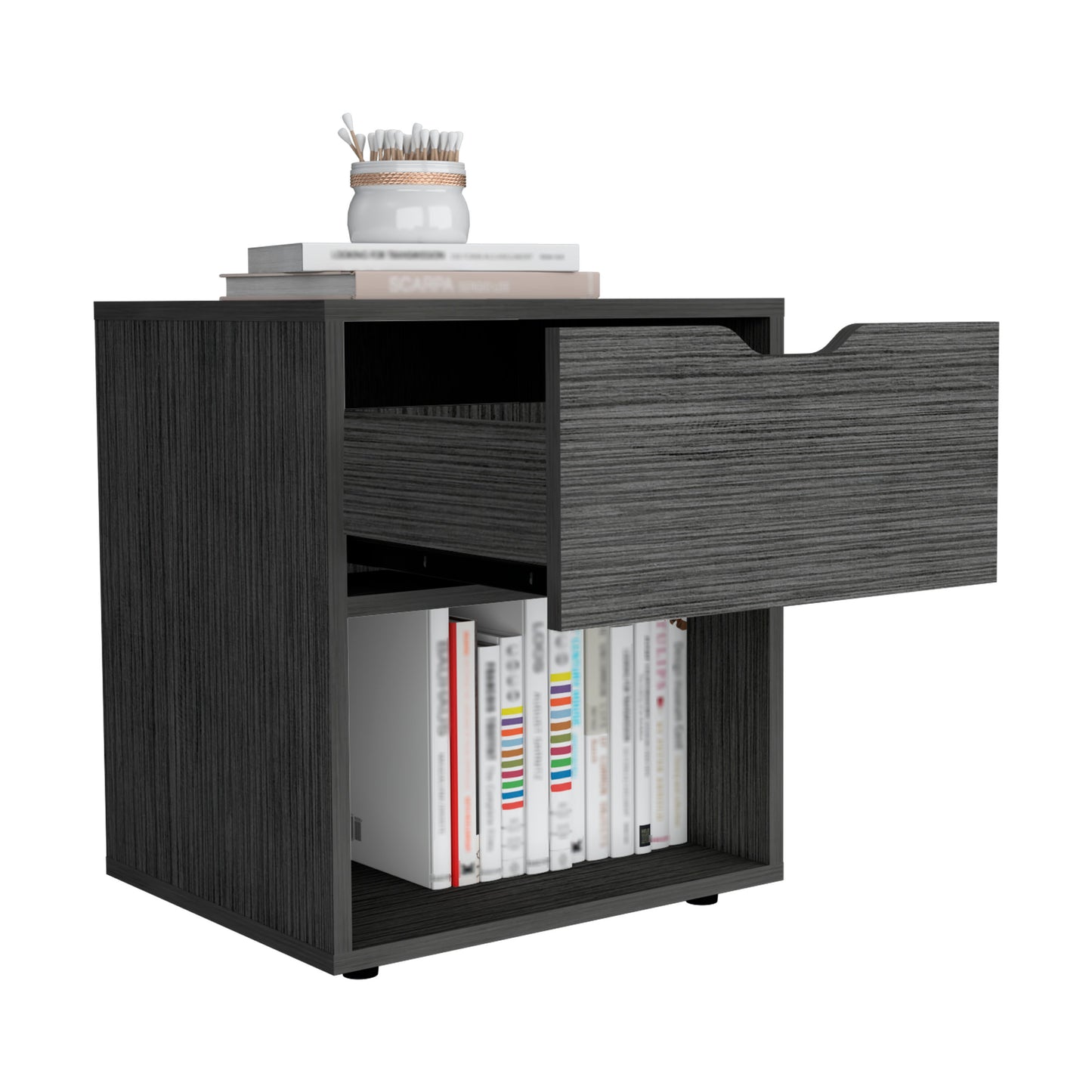 Dark wood grain bedside table with open drawer and books on shelf