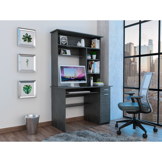 Dark gray modern computer desk with hutch and pullout keyboard tray for home office