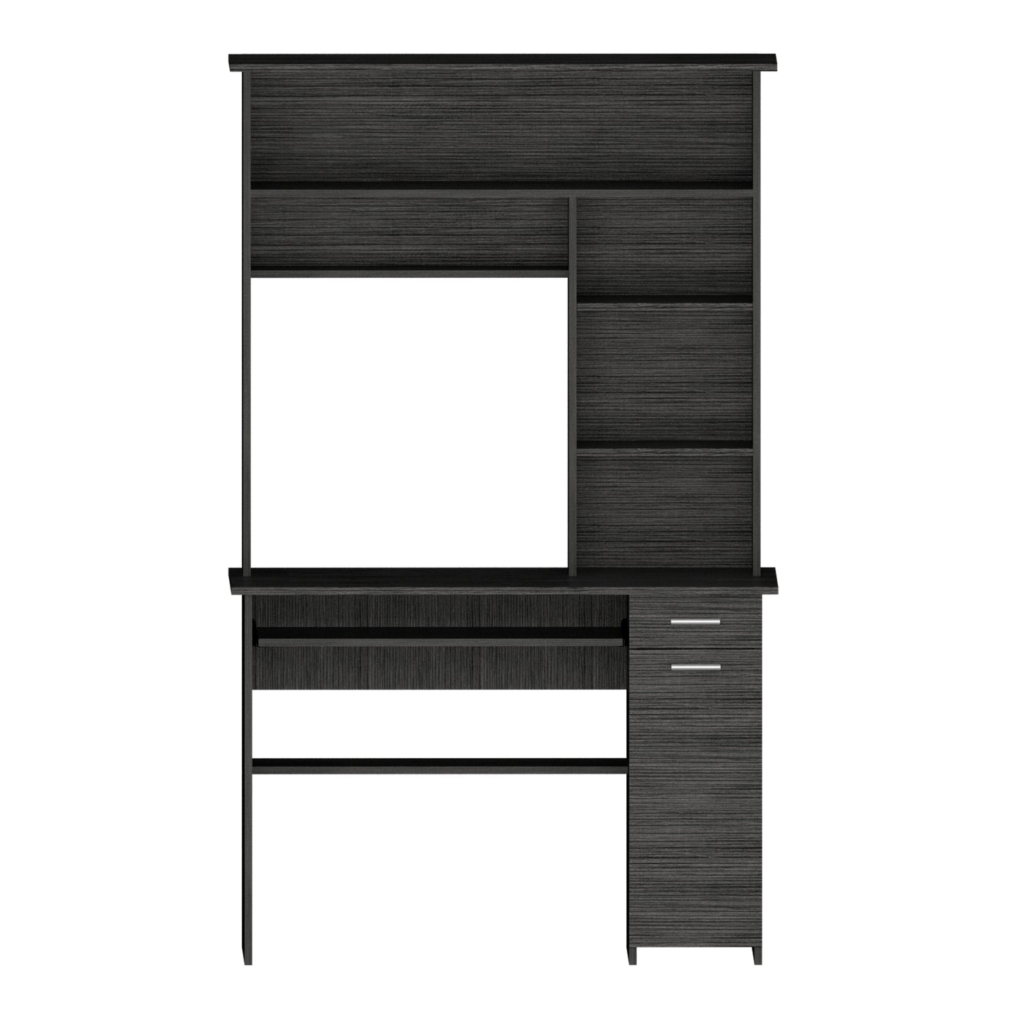 Modern black wood grain computer desk with hutch and drawers