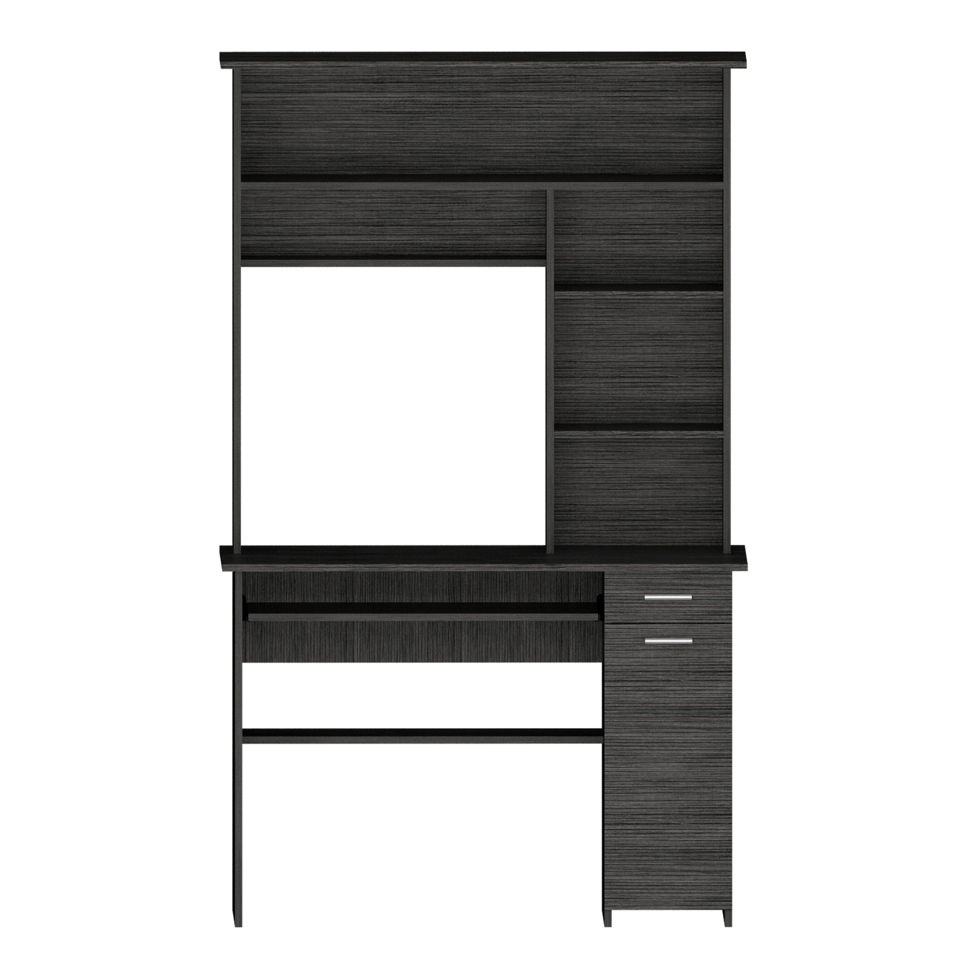 Modern black wood grain computer desk with hutch and drawers