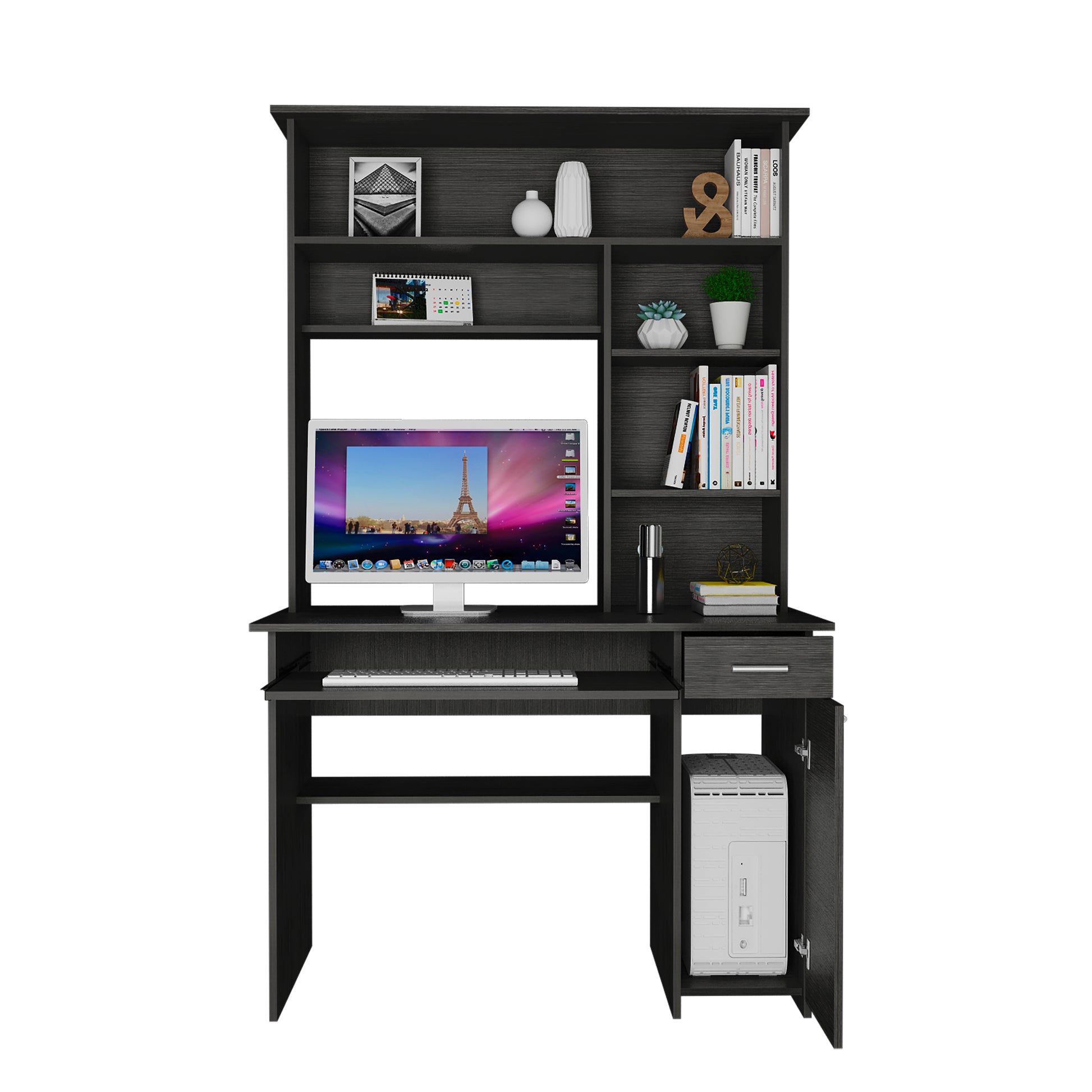 Modern black computer desk with hutch keyboard tray and storage cabinet for home office