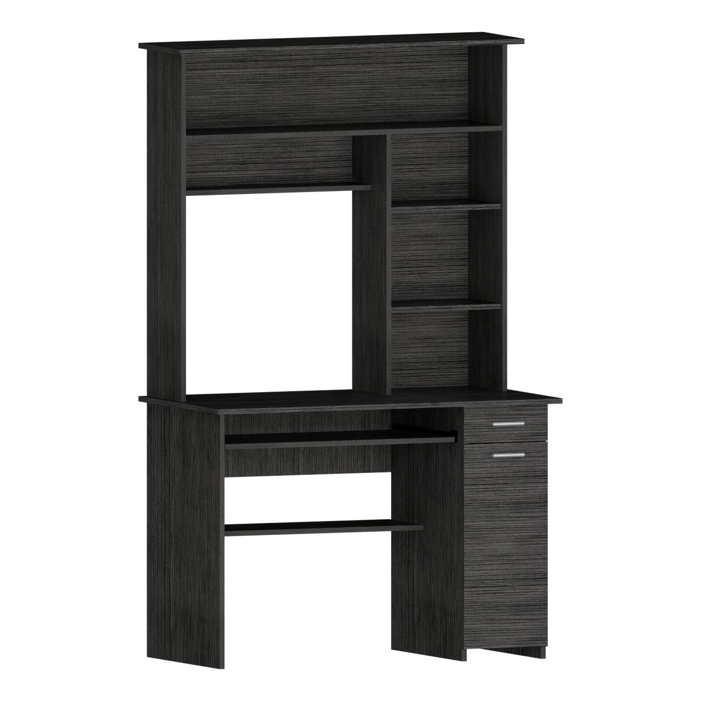 Dark grey wood grain computer desk with hutch and drawers for home office use