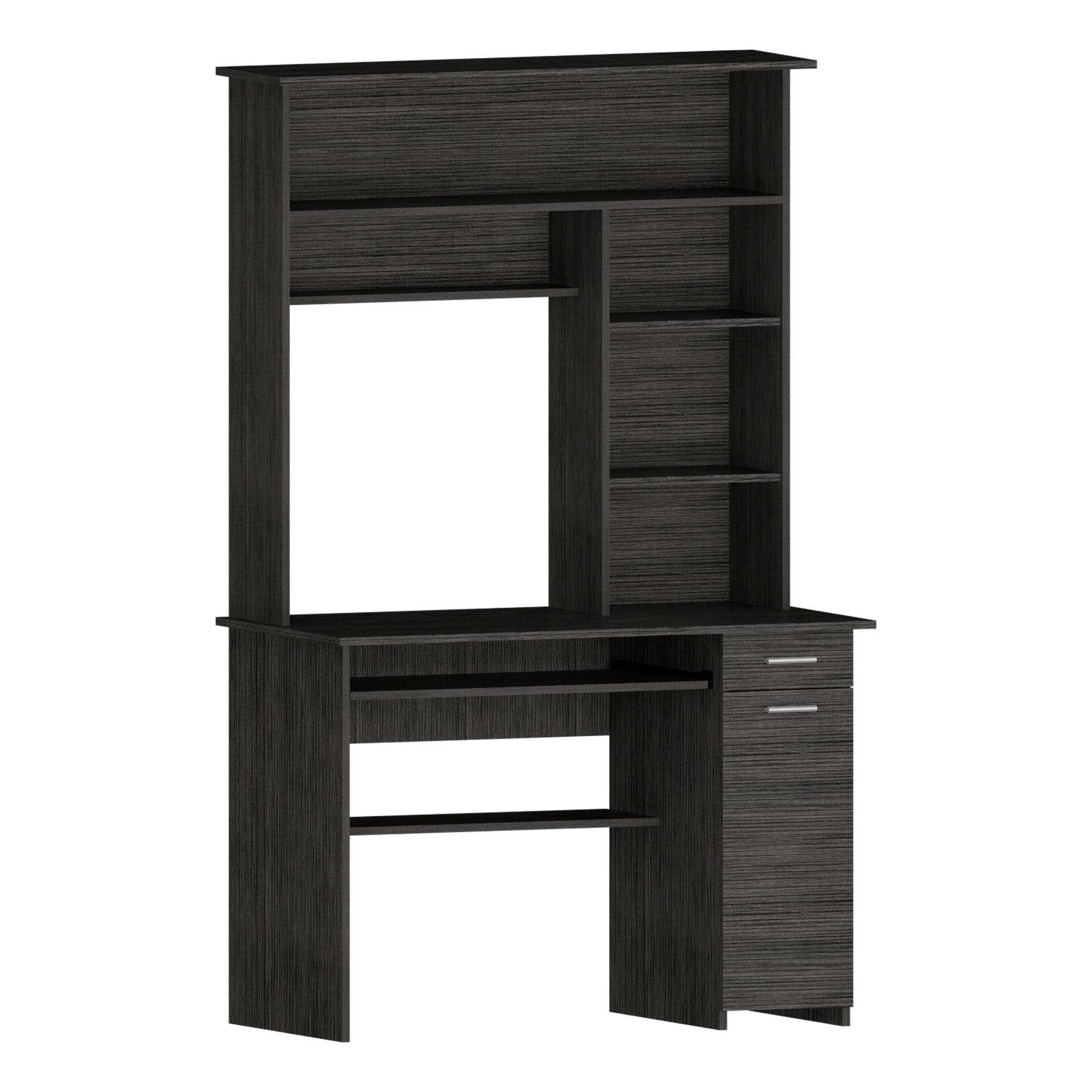 Dark grey wood grain computer desk with hutch and drawers for home office use