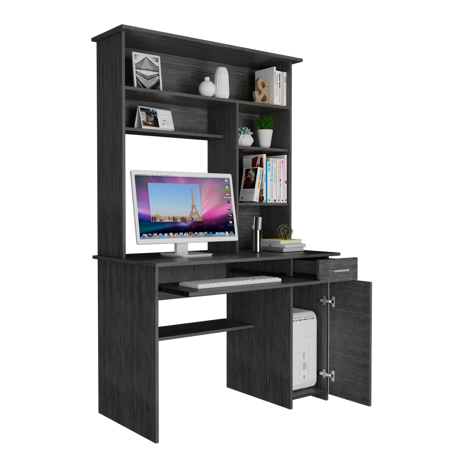 Dark wood computer desk with hutch and open cabinet doors for PC tower