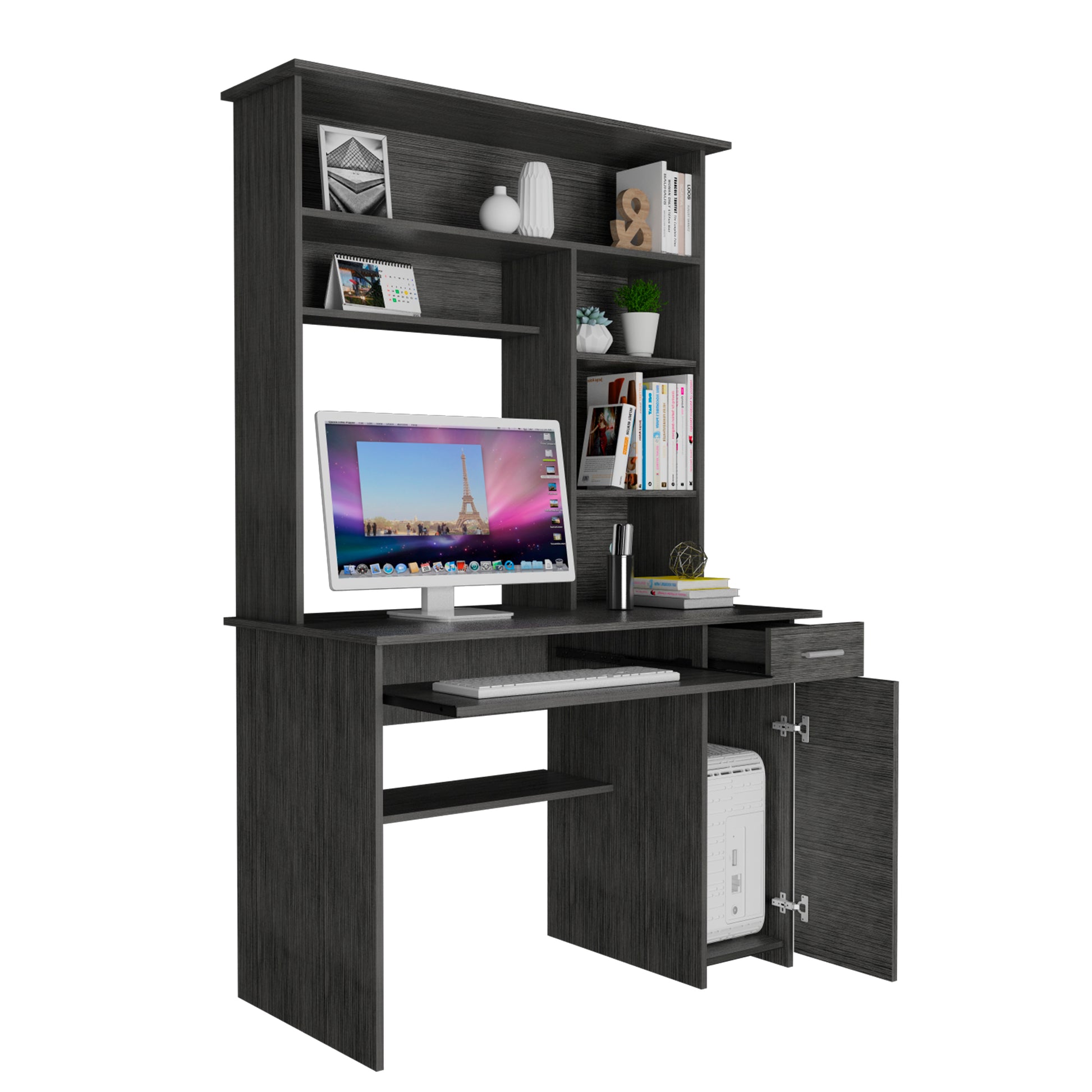 Dark wood computer desk with hutch and open cabinet doors for PC tower