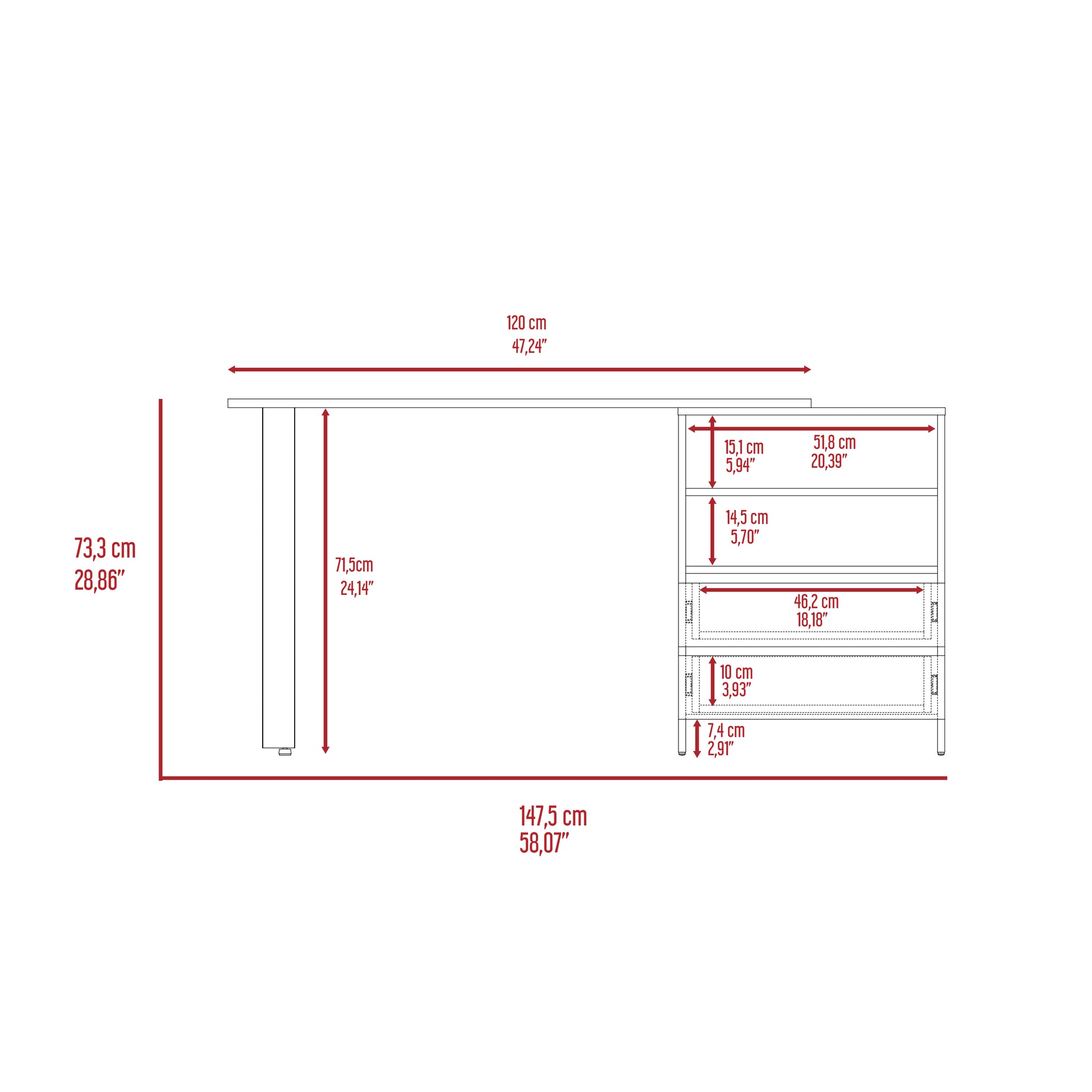 Diagram showing desk dimensions cm width cm height cm leg height