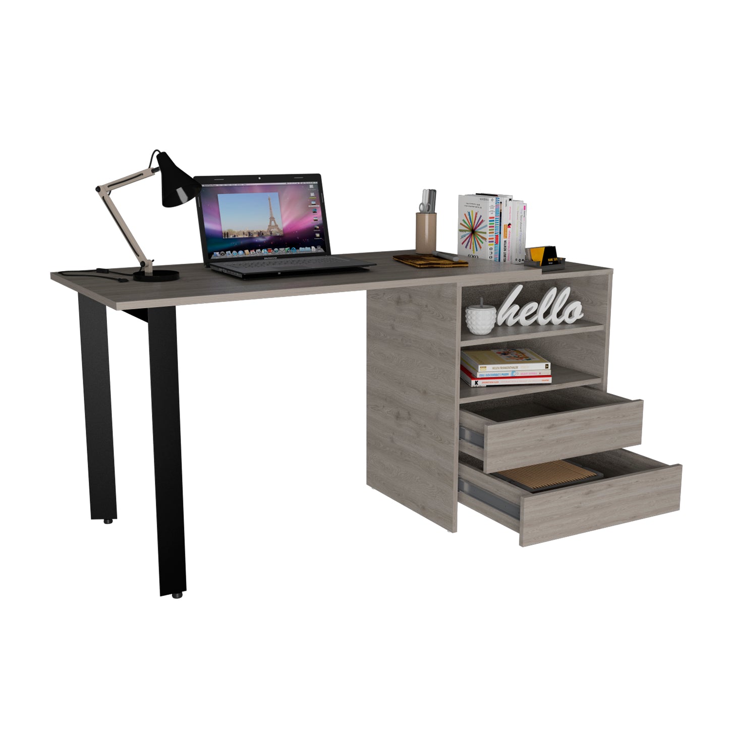 Modern grey wood and black metal desk with laptop lamp and storage drawers