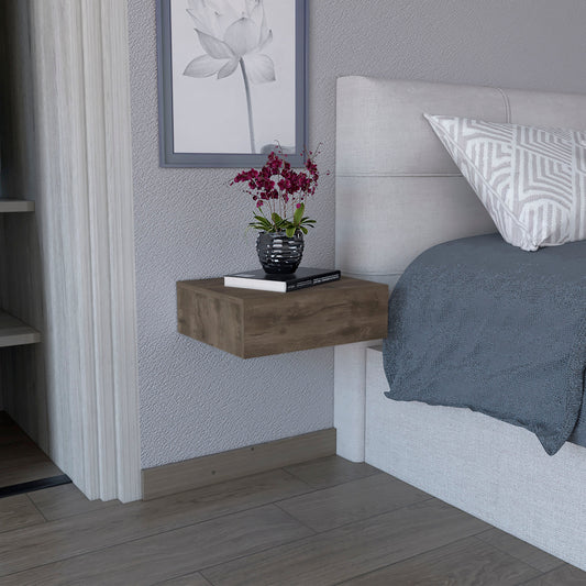 Floating walnut bedside table with modern minimalist design and sleek finish