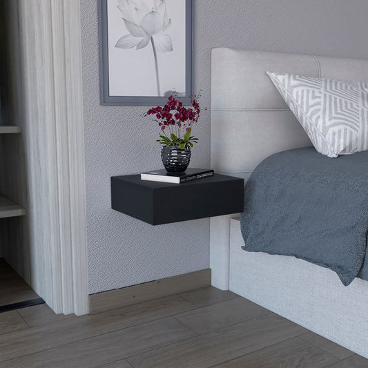 Sleek black floating nightstand with a modern design ideal for bedside storage