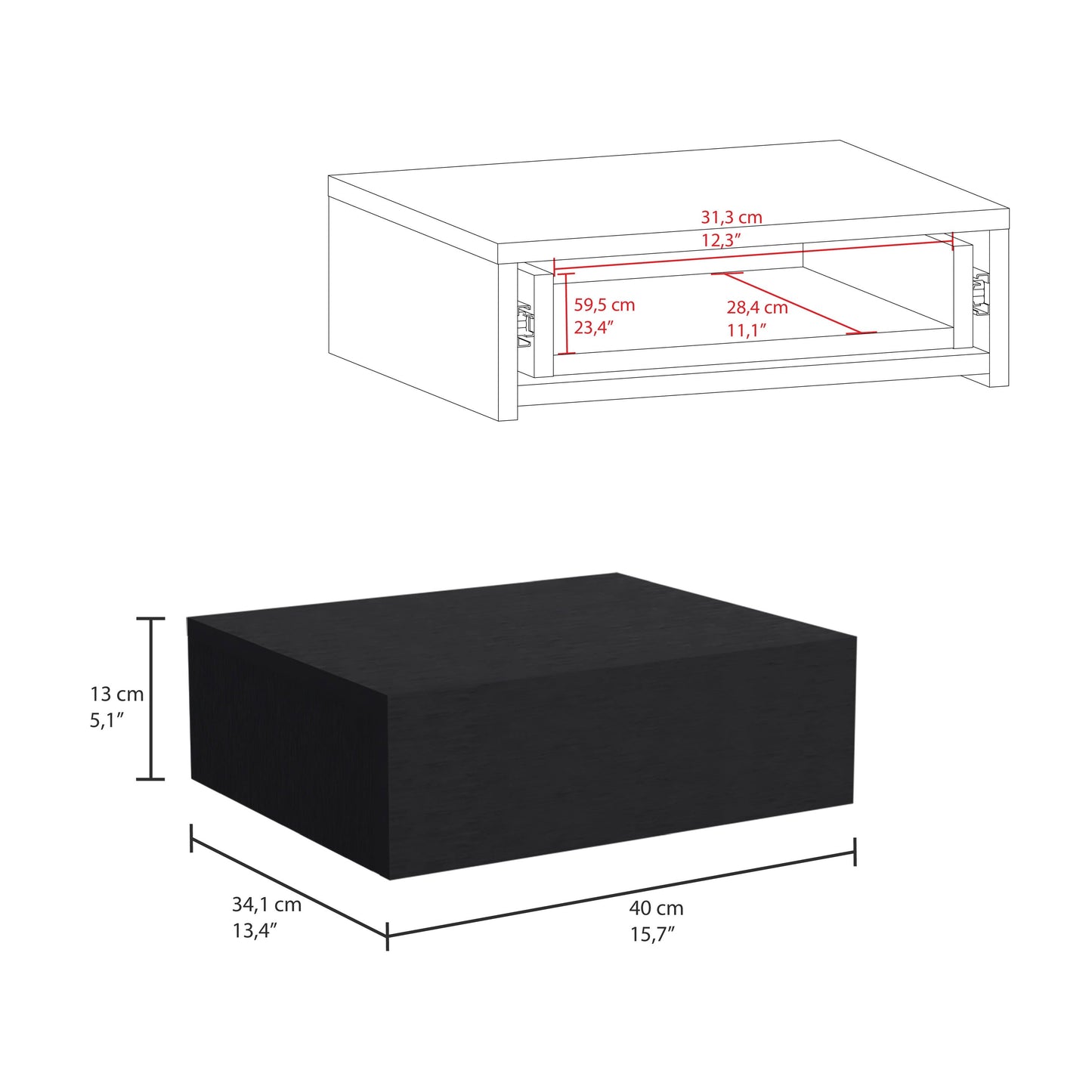 Black modern coffee table with open shelf dimensions xxcm