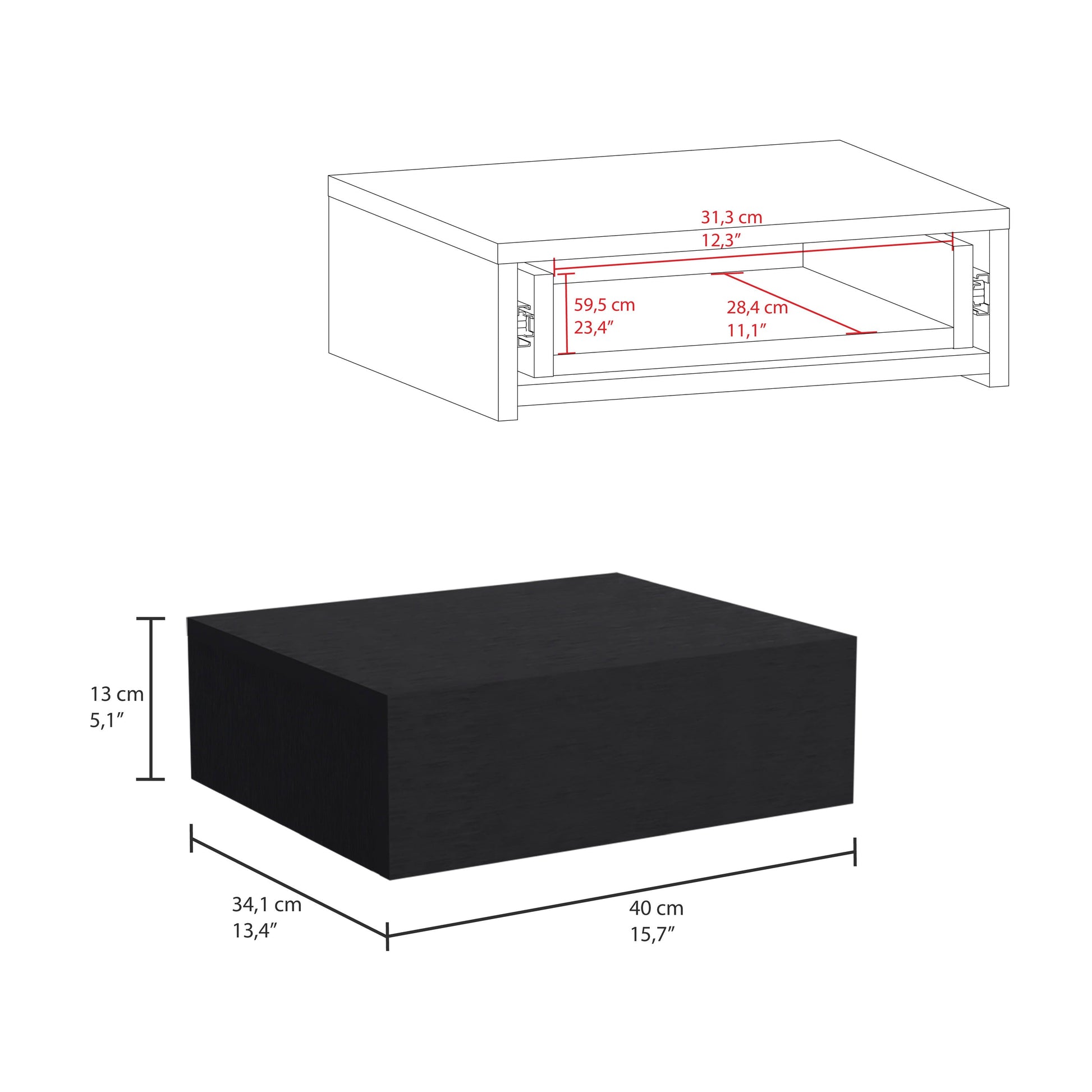 Black modern coffee table with open shelf dimensions xxcm