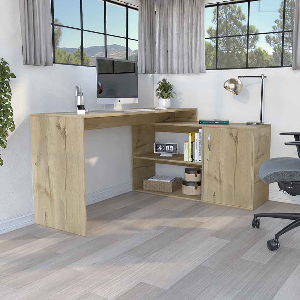 Light oak corner Lshaped desk with shelves and cabinet modern home office furniture