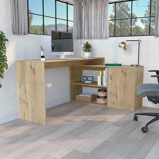 Light oak corner Lshaped desk with shelves and cabinet modern home office furniture