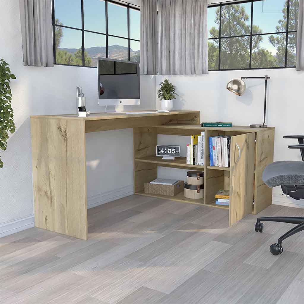 Lshaped natural oak finish computer desk with open shelves and cabinet