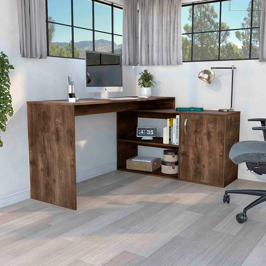 Lshaped wooden corner desk with integrated shelving and cabinet for home office setup