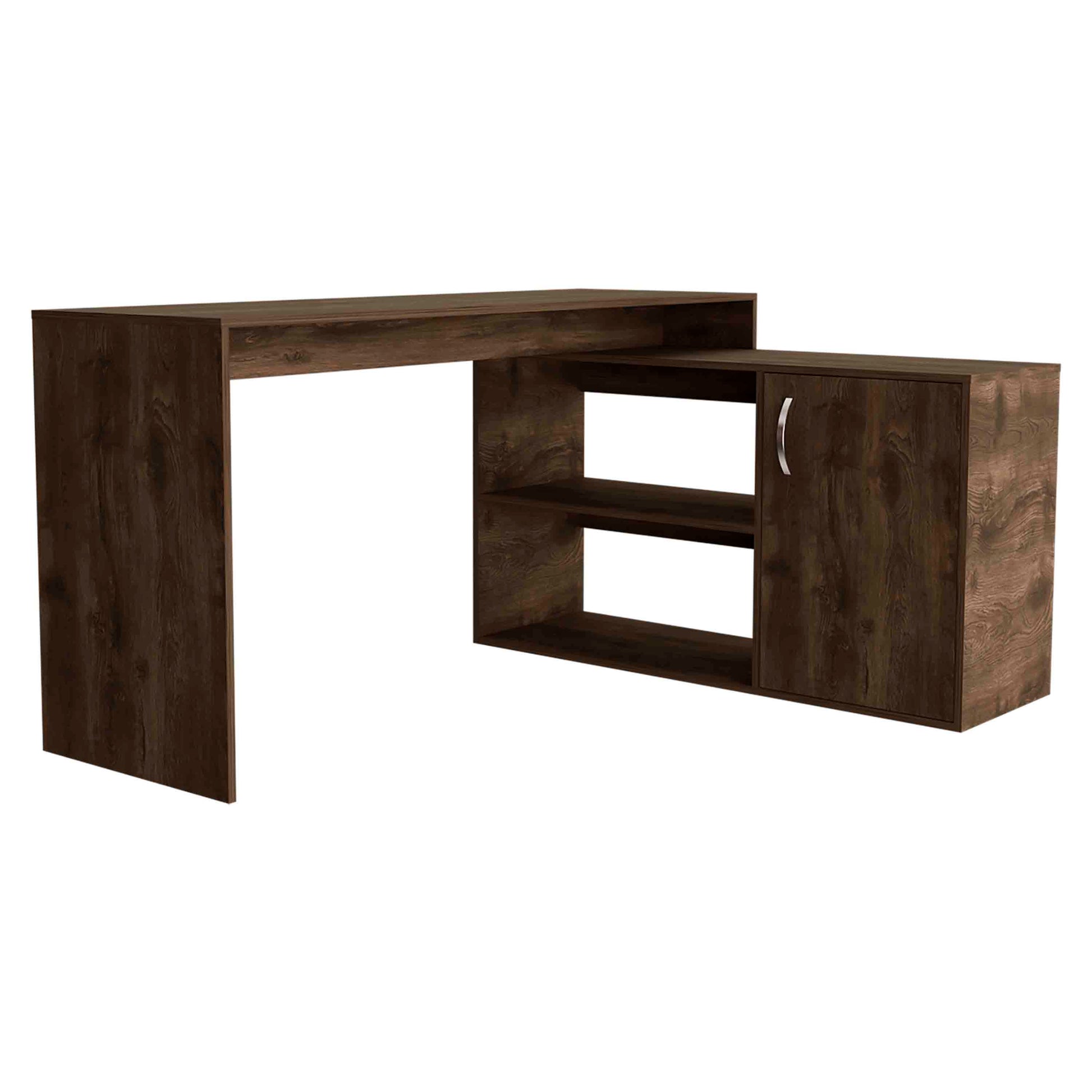 Dark brown wood grain computer desk with two open shelves and one cabinet