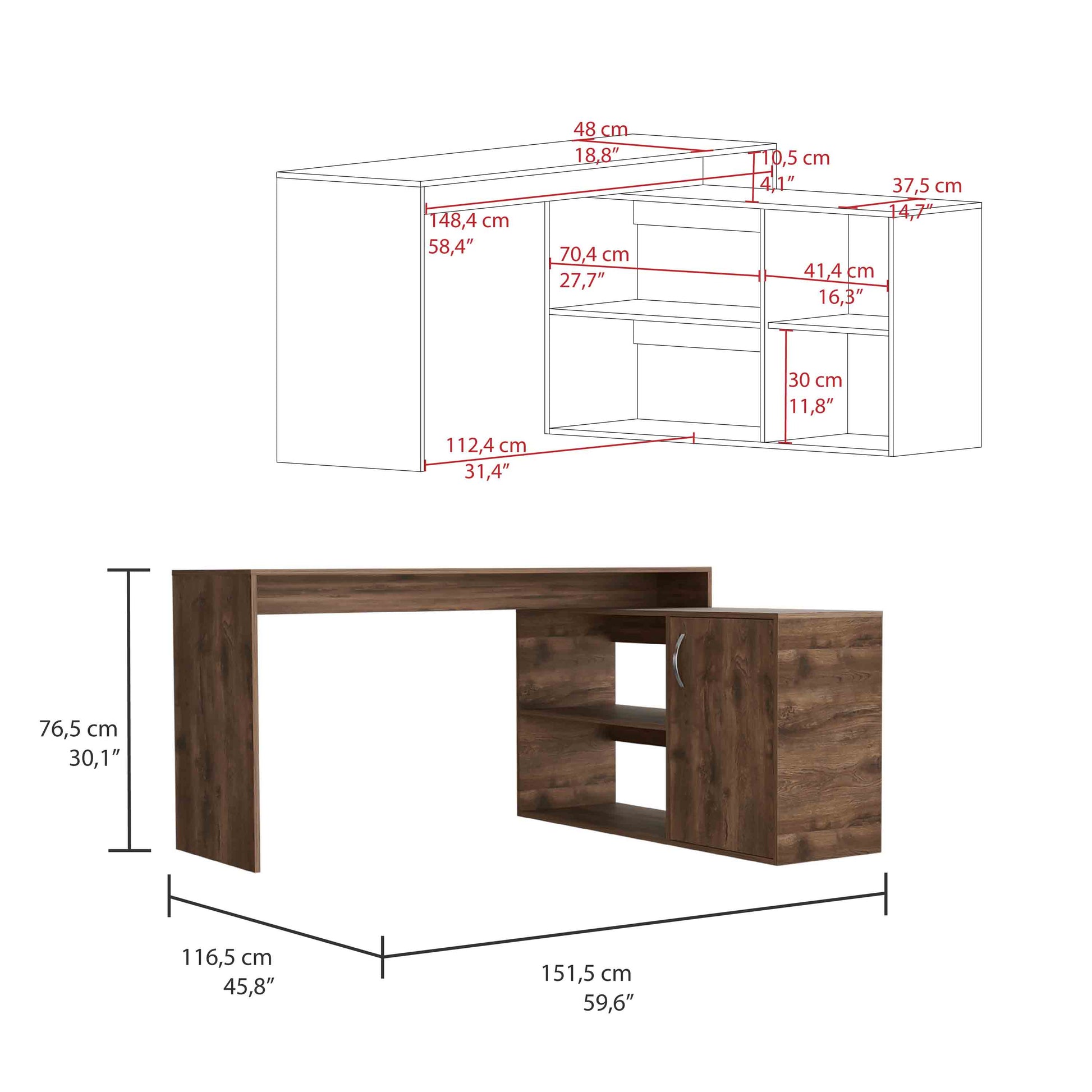 Dark wood Lshaped computer desk with shelving and cabinet
