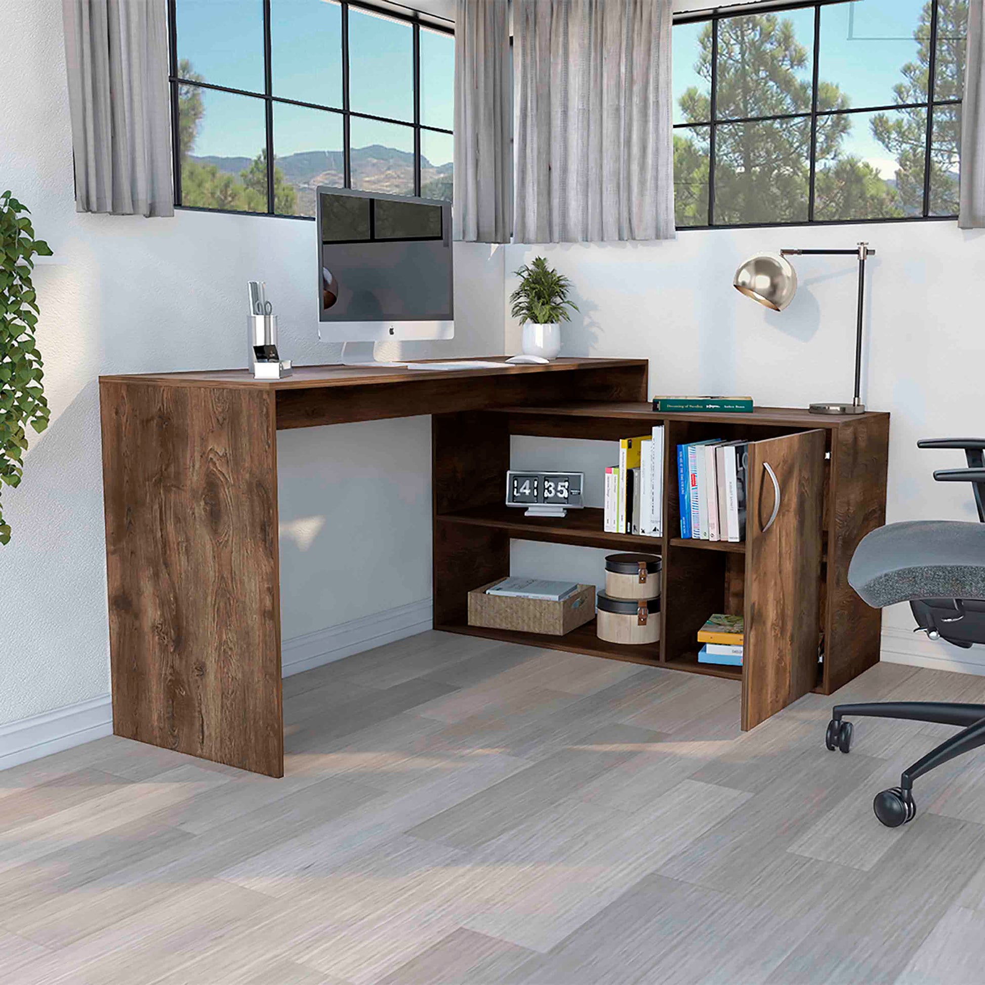 Corner computer desk with dark wood grain finish and integrated shelving unit