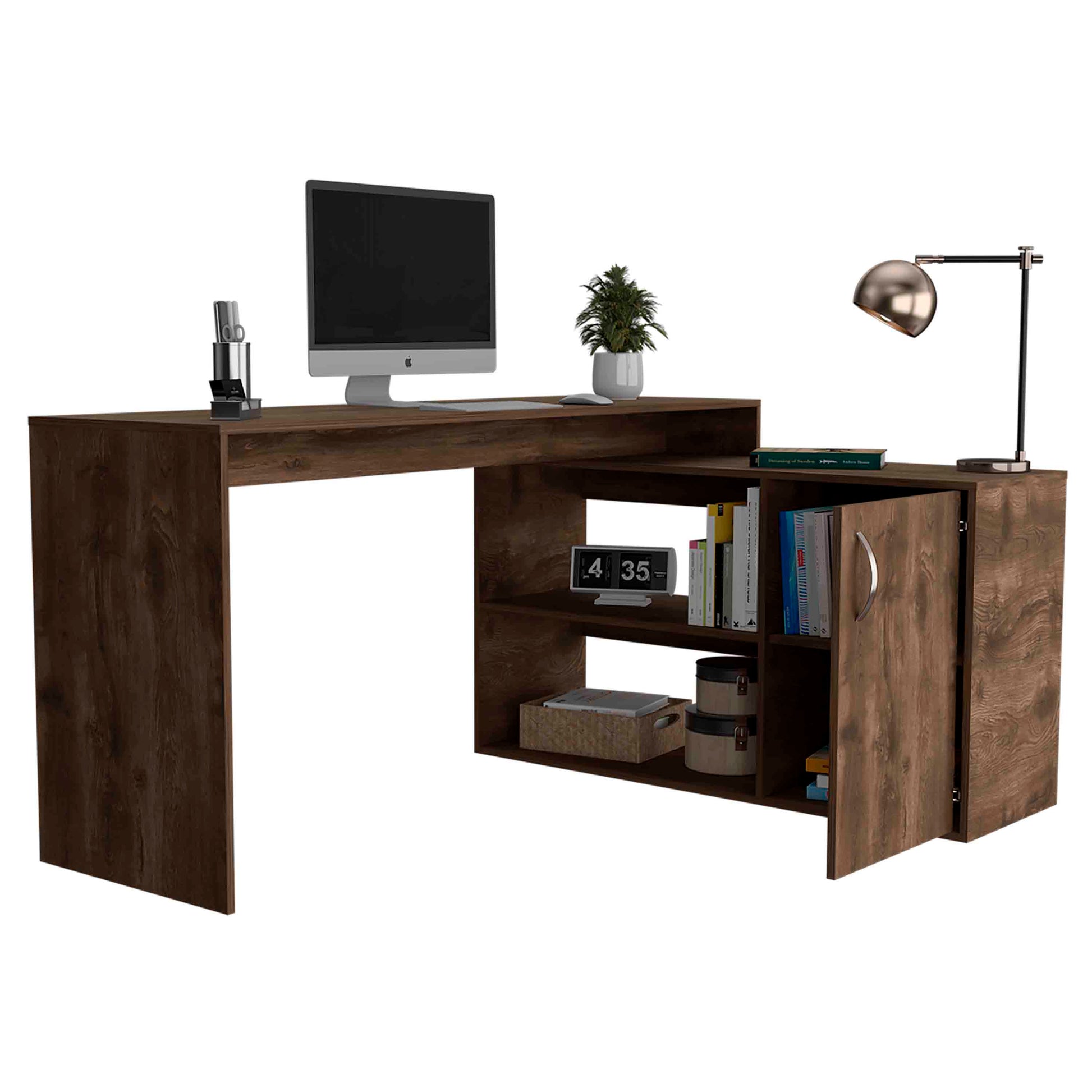 Brown Lshaped computer desk with integrated shelving and cabinet for home office