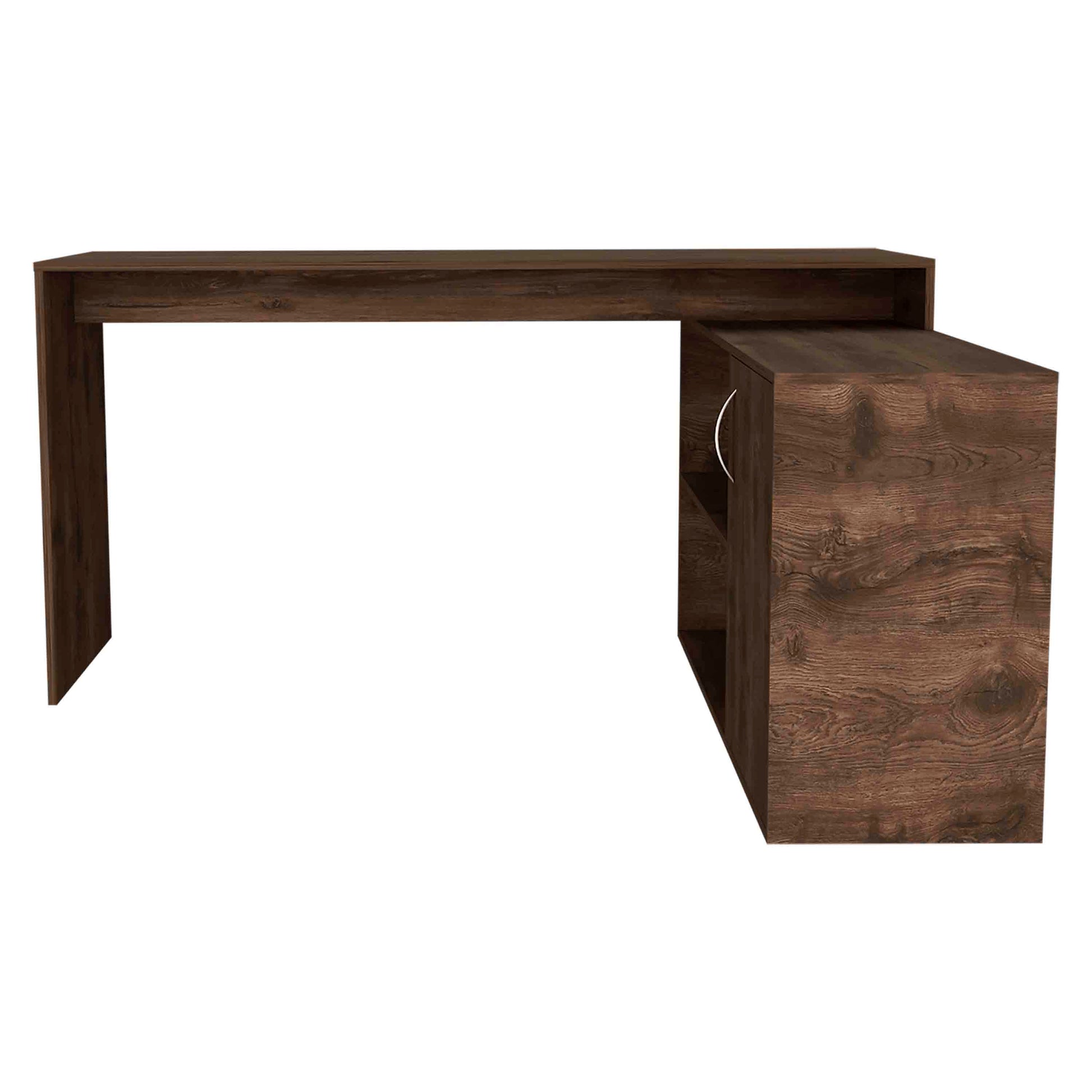 Dark brown wooden Lshaped desk with integrated shelving unit ideal for a home office