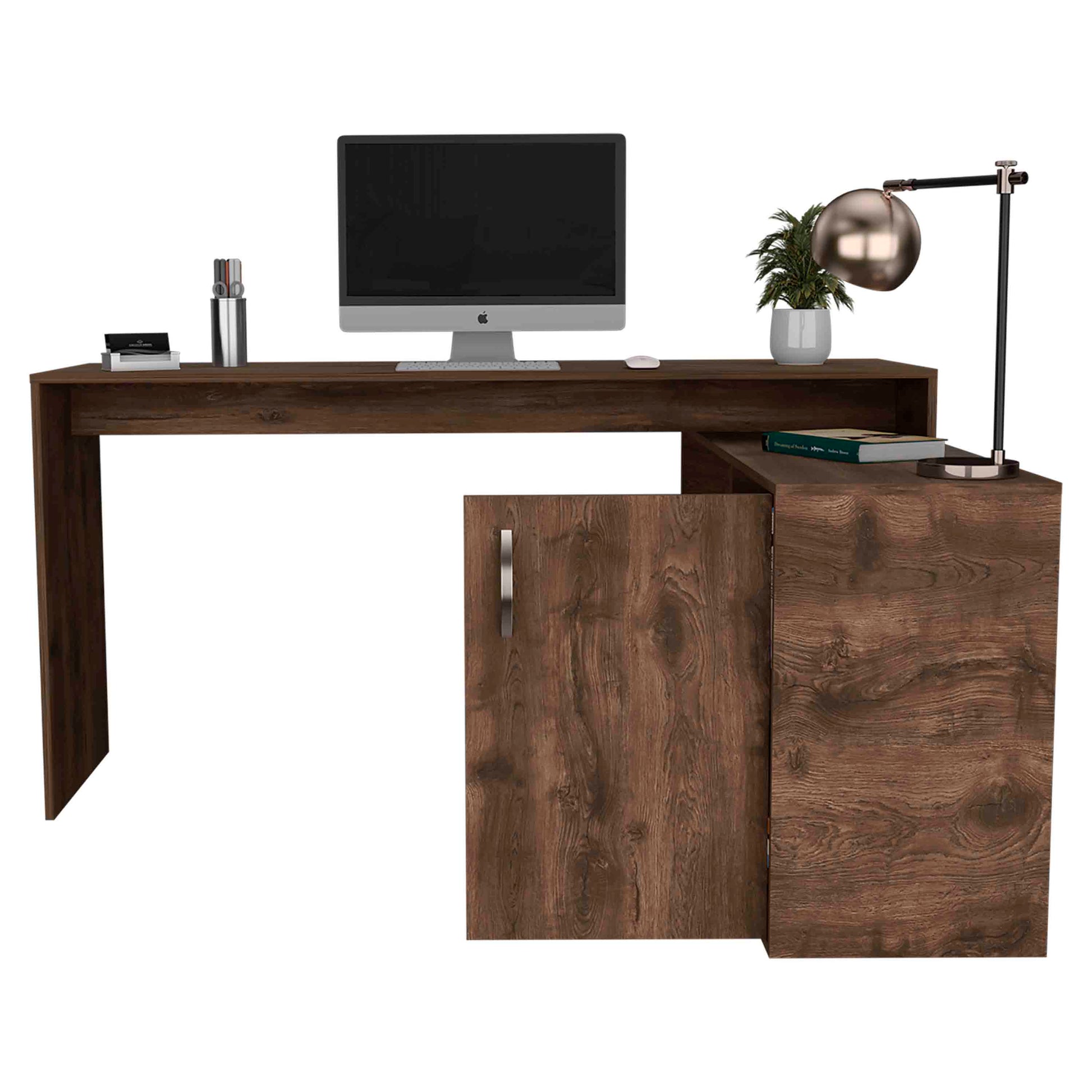 Modern Lshaped desk in dark wood finish with integrated cabinet perfect for a home office setup