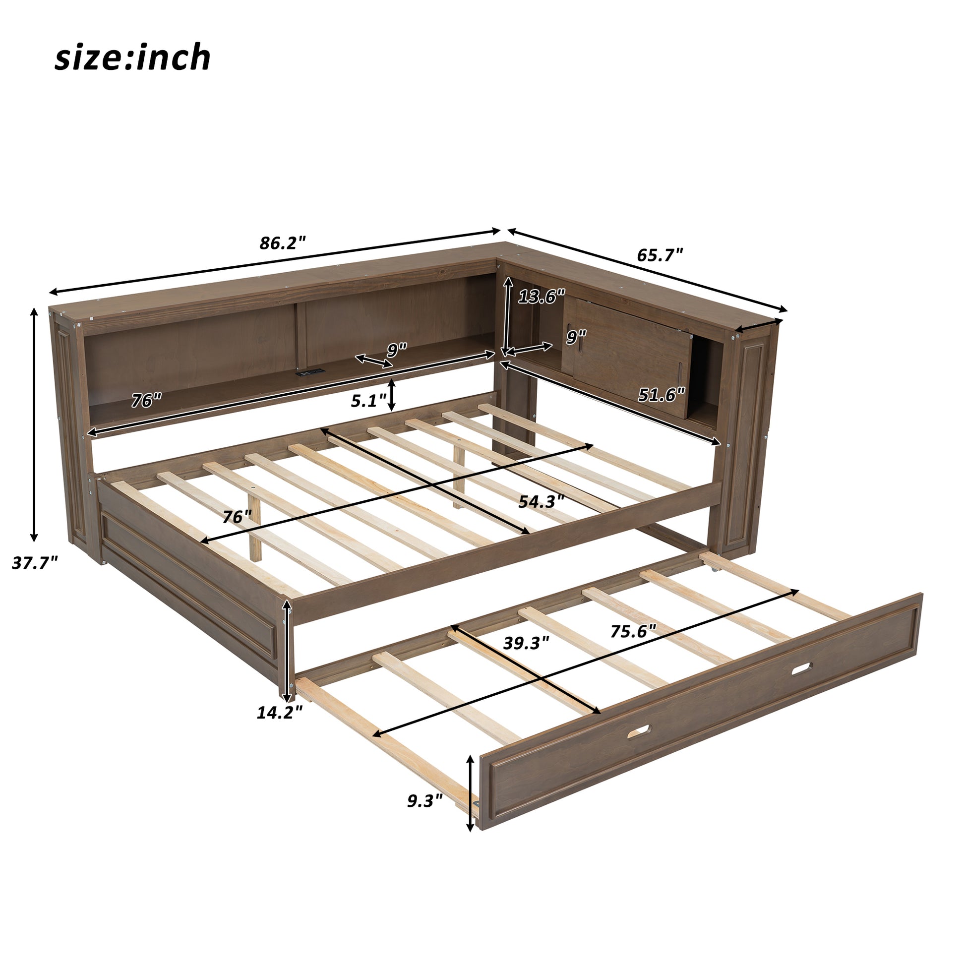 Brown wooden daybed with pullout trundle and storage