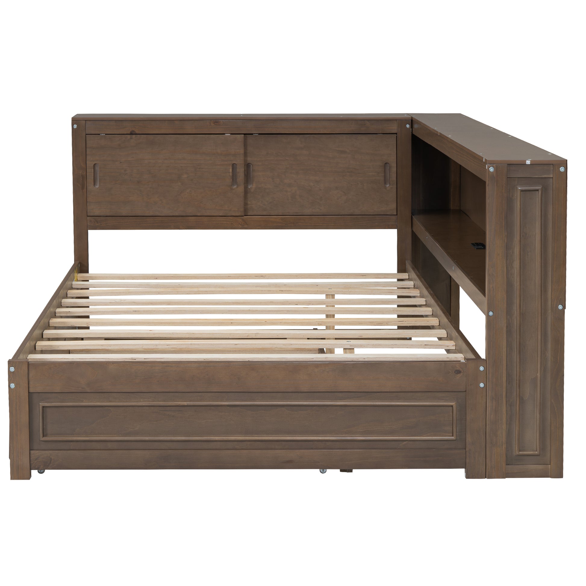 Dark brown wooden bed frame with builtin headboard storage and side shelf