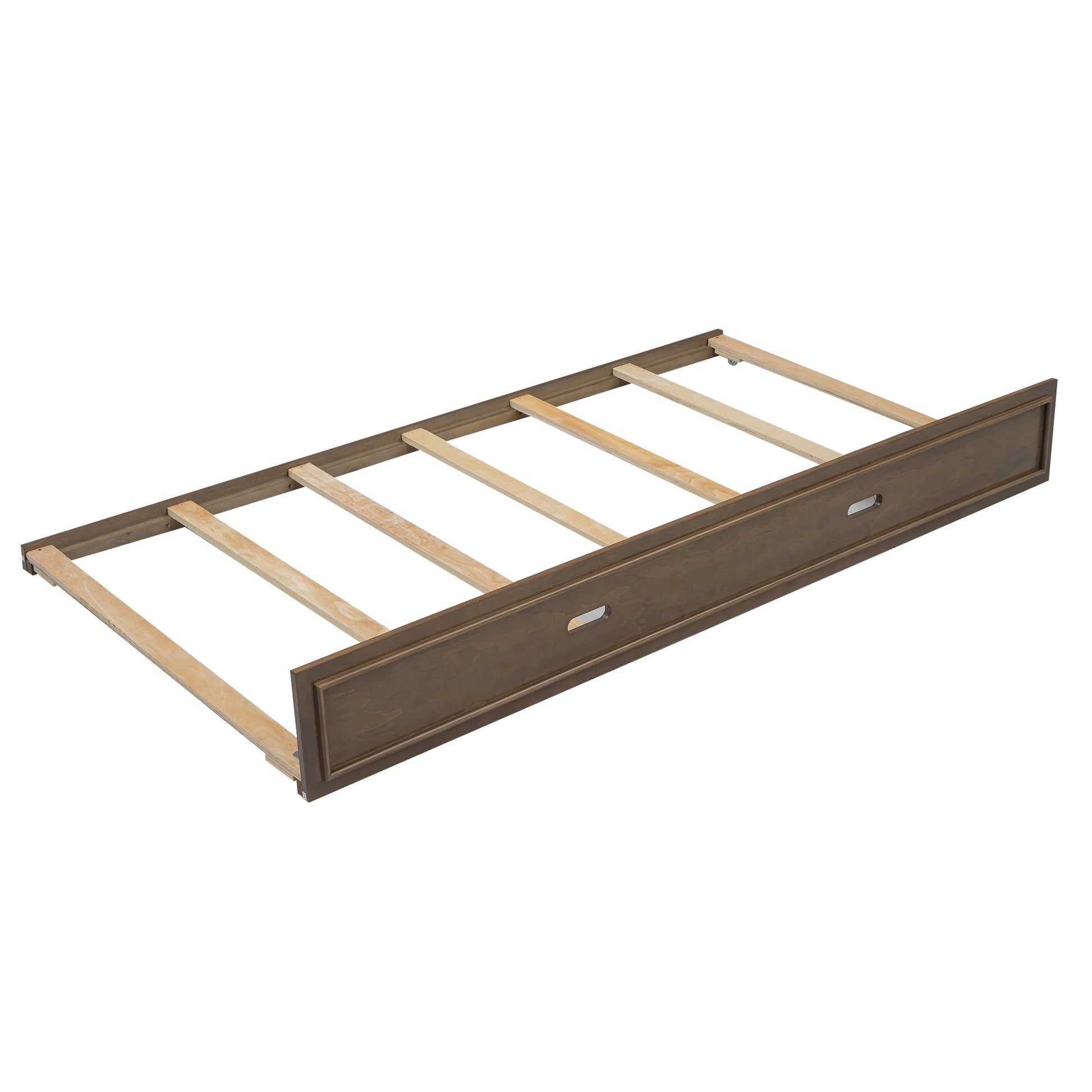 Dark brown wood toddler bed drawer with metal pull