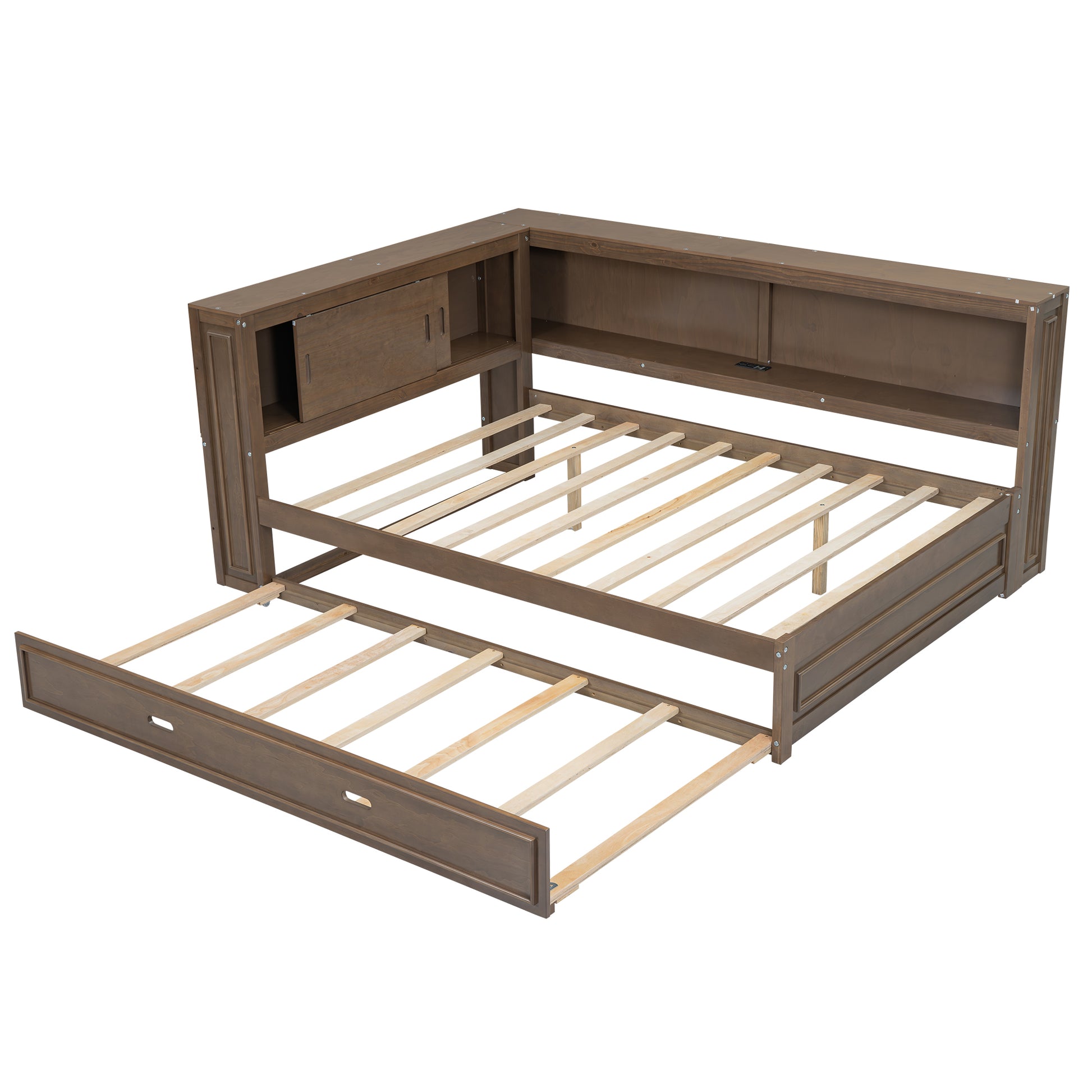 Brown wood daybed with pullout trundle and builtin shelving