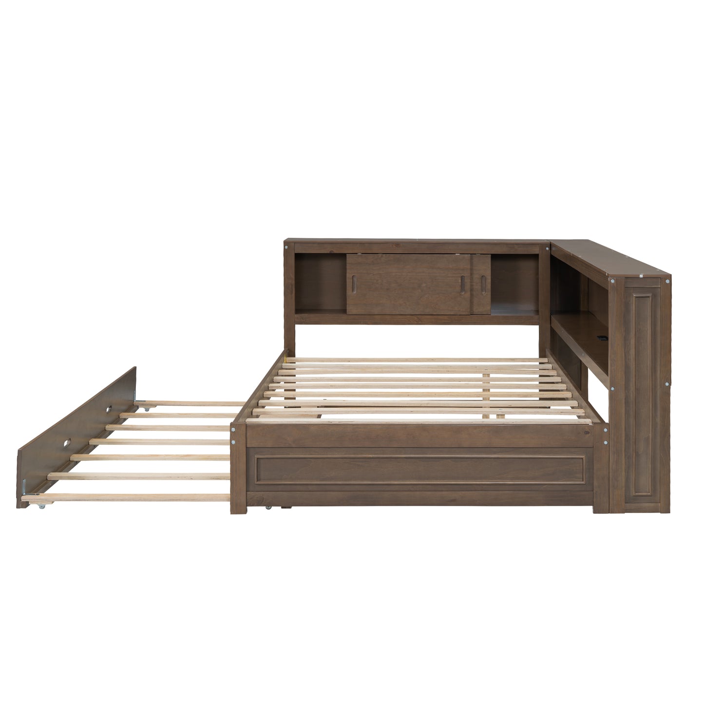 Brown wooden bunk bed frame with pullout trundle and storage headboard