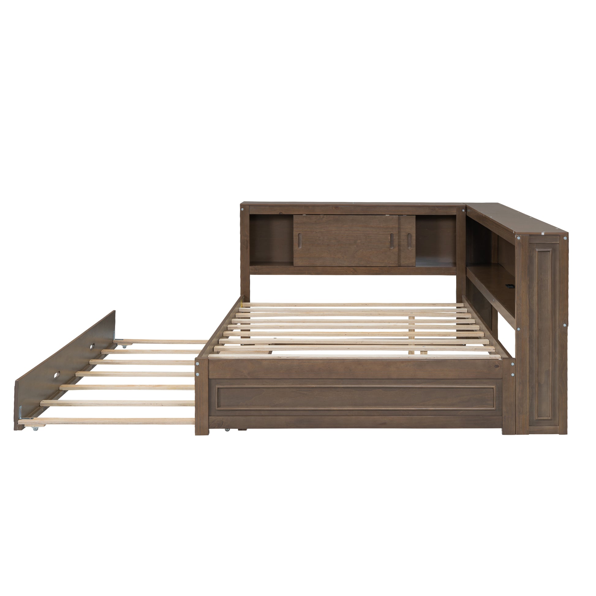 Brown wooden bunk bed frame with pullout trundle and storage headboard
