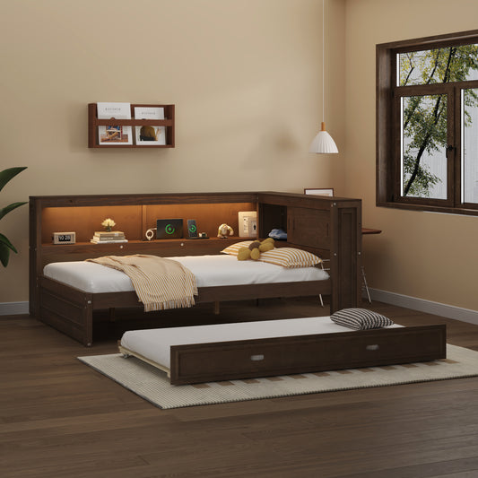 Dark wood captains bed with pullout trundle and builtin headboard shelving