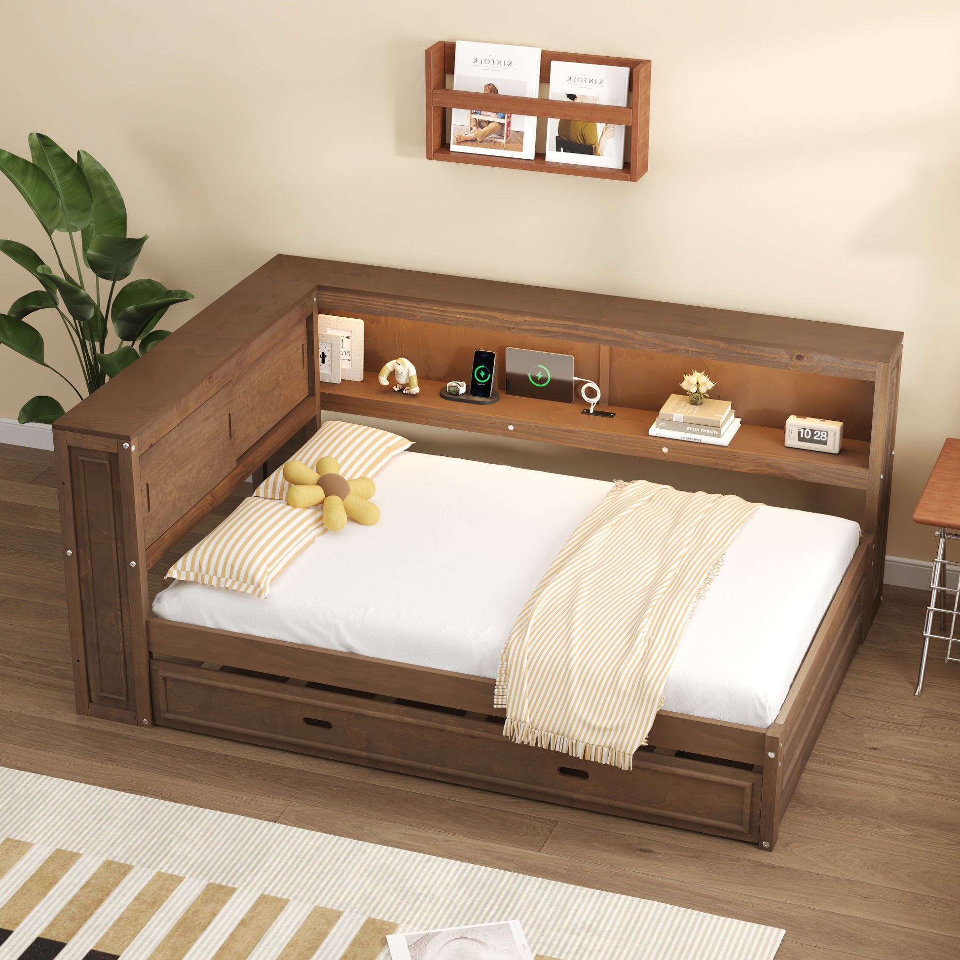 Dark wood daybed with integrated headboard shelving and pullout trundle