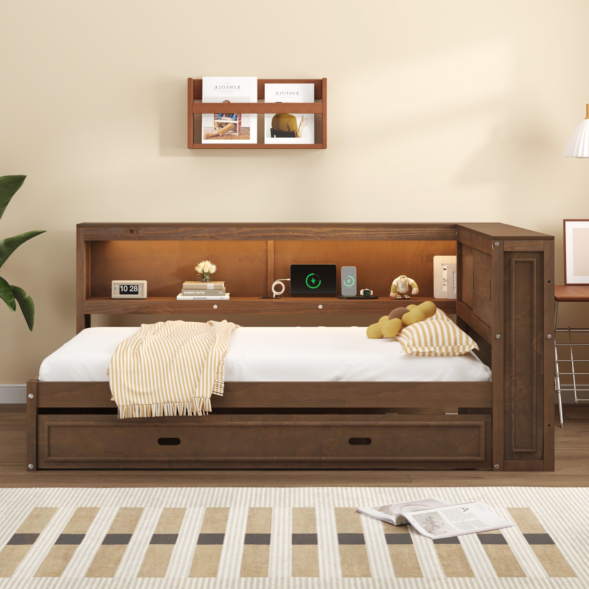 Dark wood daybed with integrated headboard storage and pullout trundle