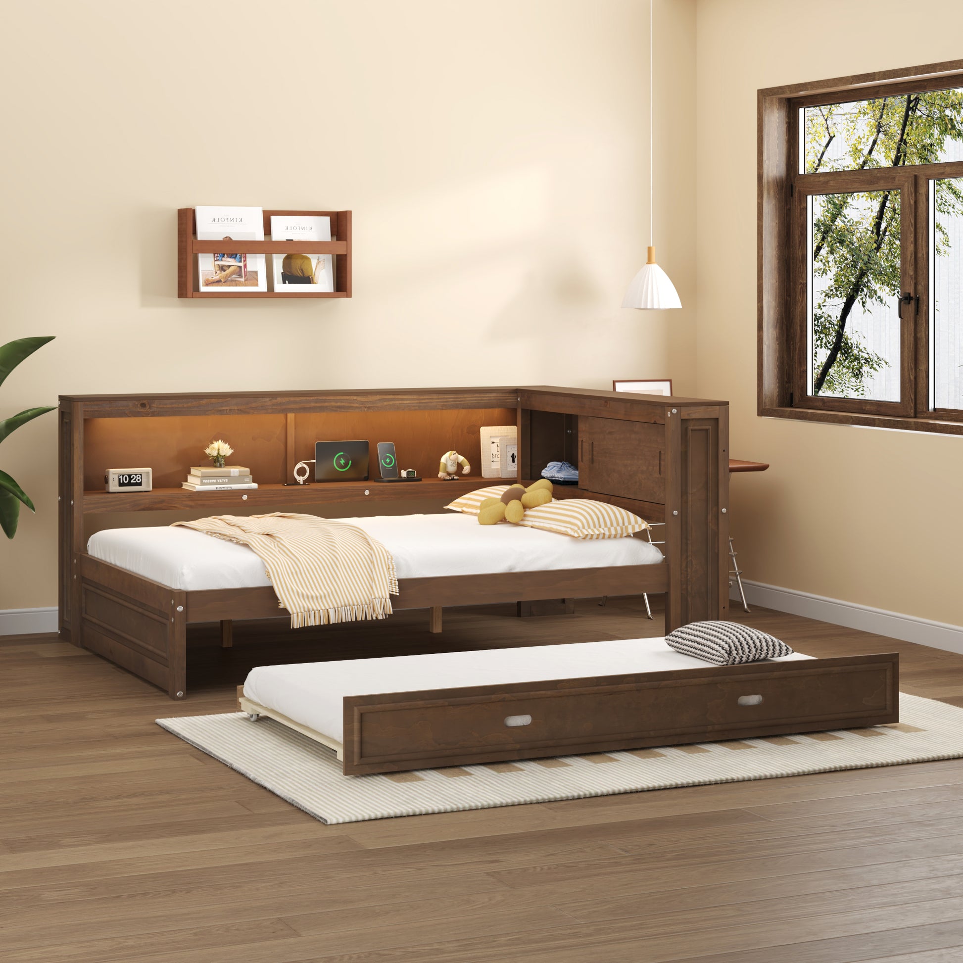 Dark wood twin daybed with builtin shelves and trundle