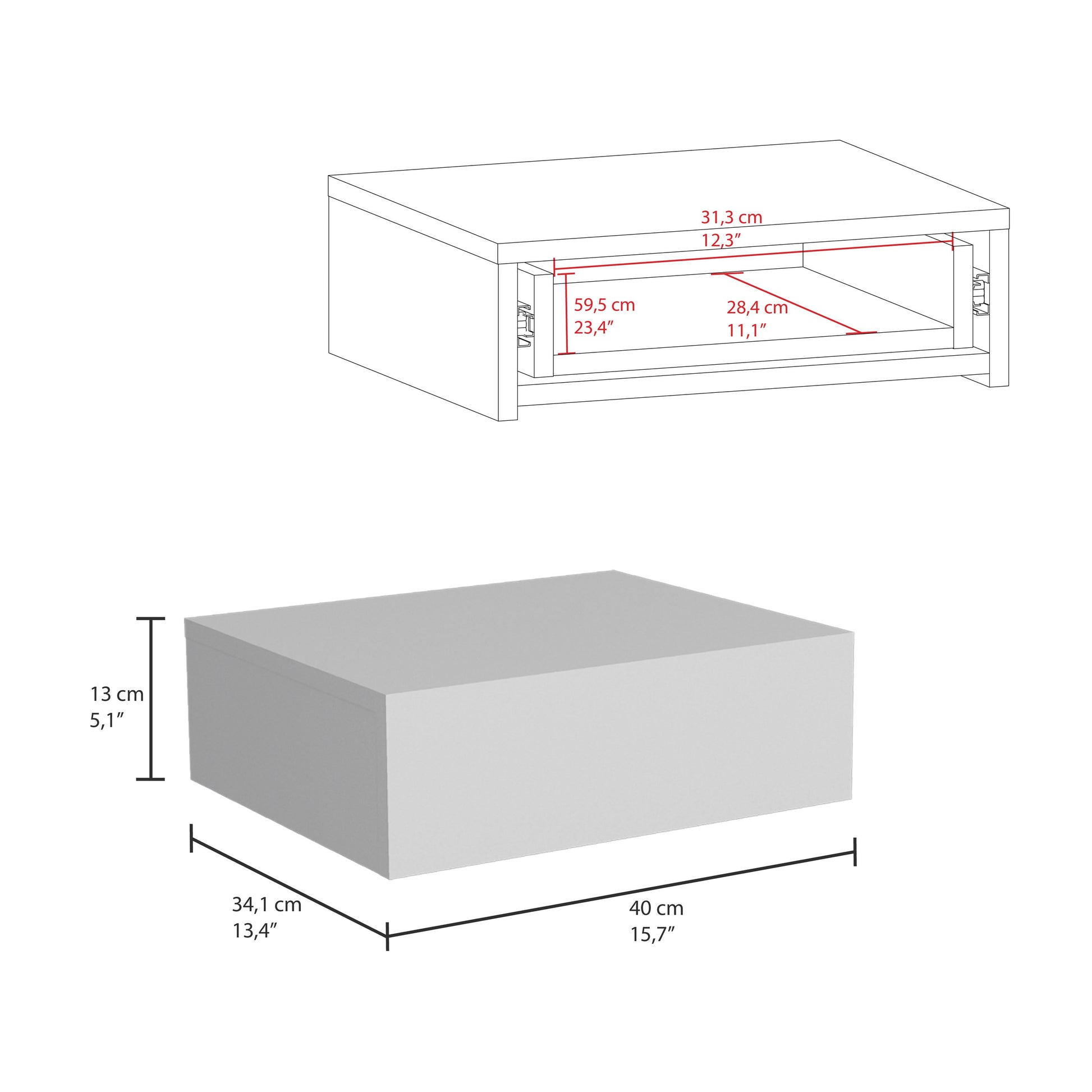 White modern coffee table with dimensions shown  cm deep