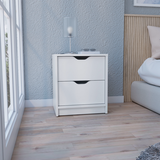 White twodrawer nightstand with minimalist design perfect for bedrooms