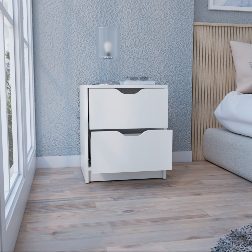 White minimalist nightstand with two drawers and chrome accents