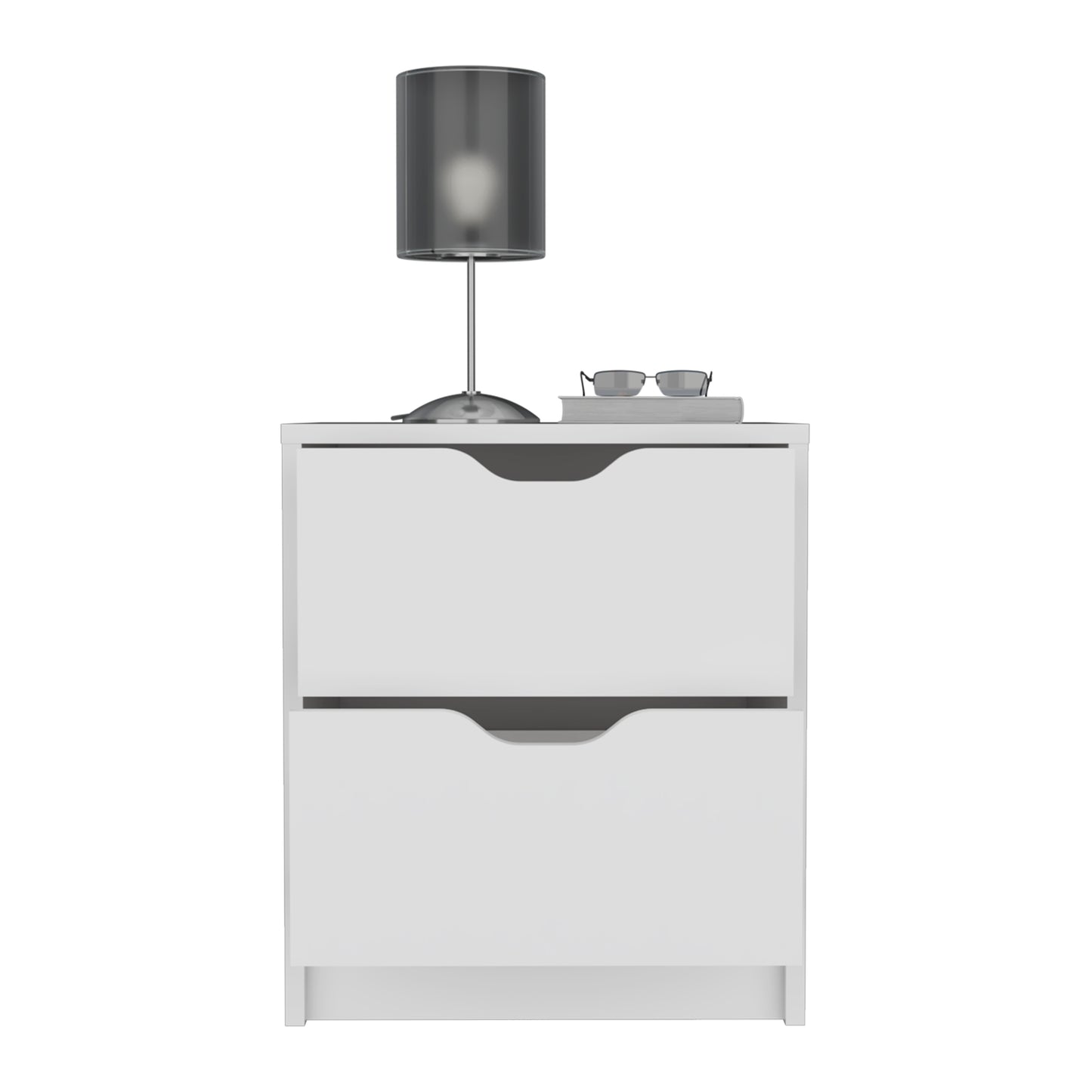 Modern white twodrawer nightstand with sleek integrated handles and silver lamp