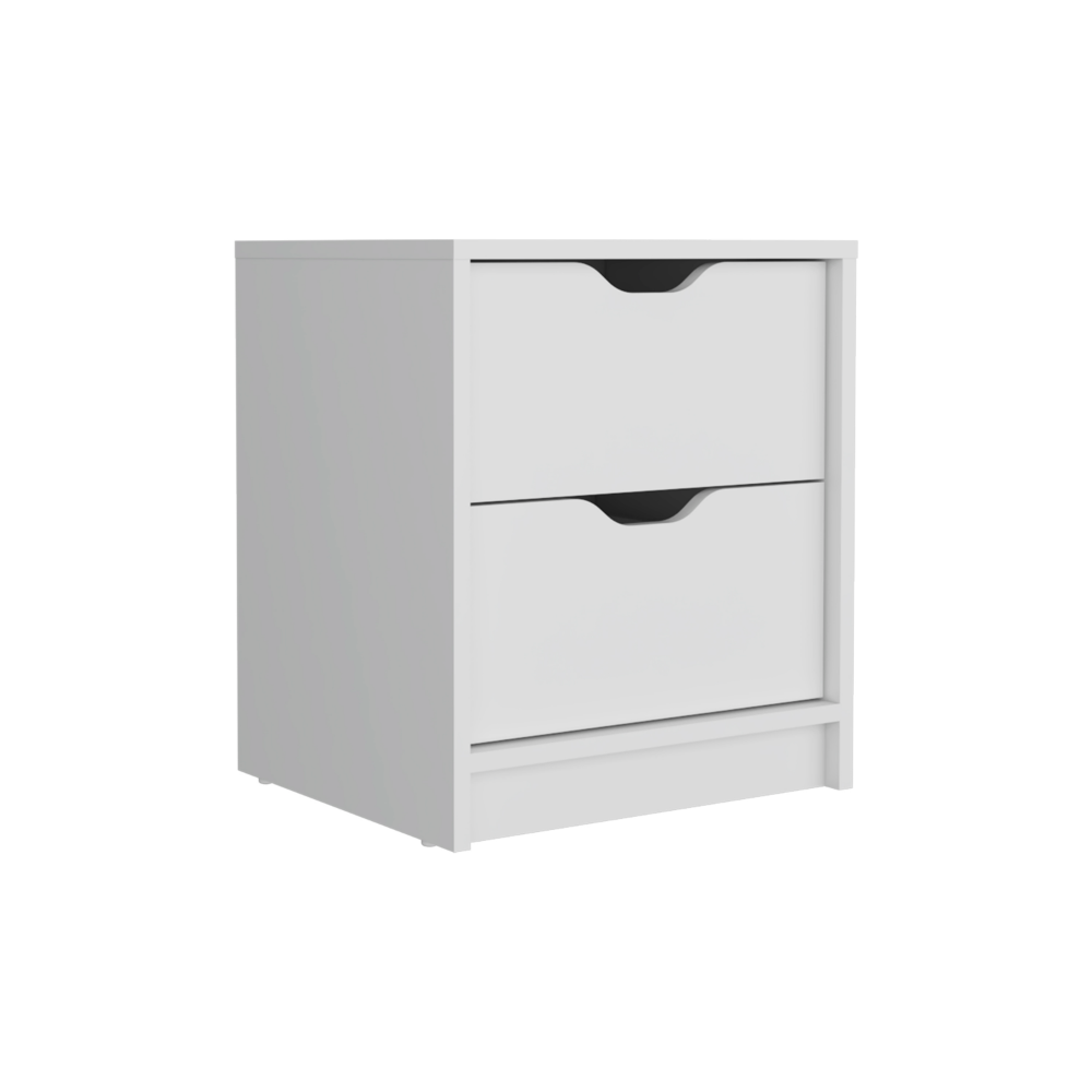 White twodrawer bedside table with modern cutout handles