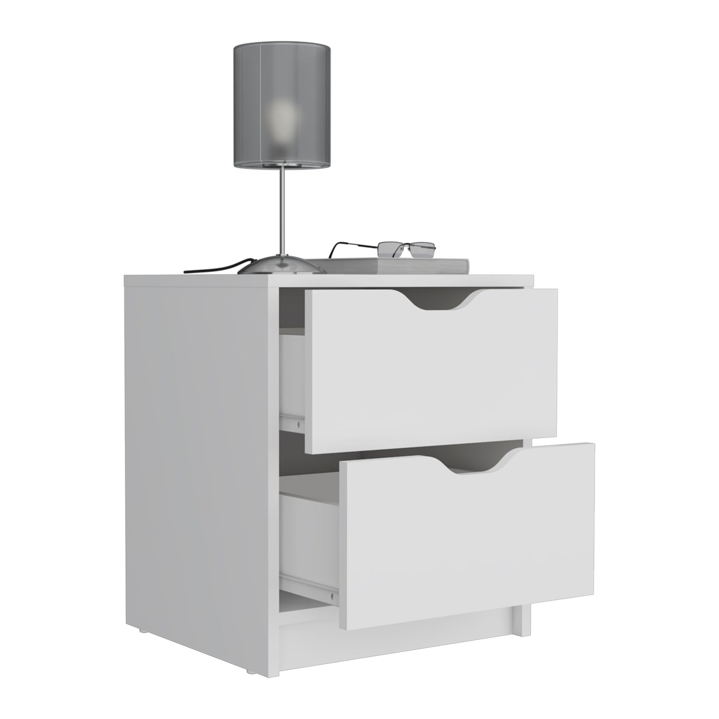White bedside table with two drawers featuring a cutout handle design