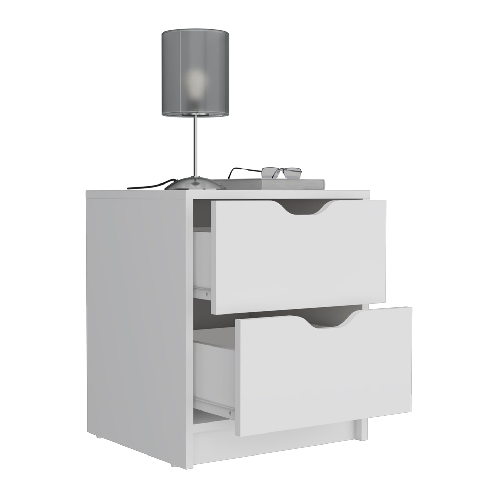 White bedside table with two drawers featuring a cutout handle design