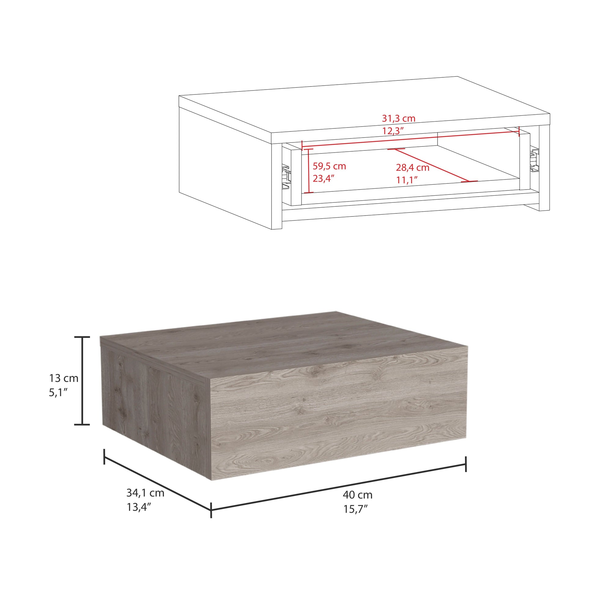 Modern grey wood coffee table cm wide cm high with dimensions annotated