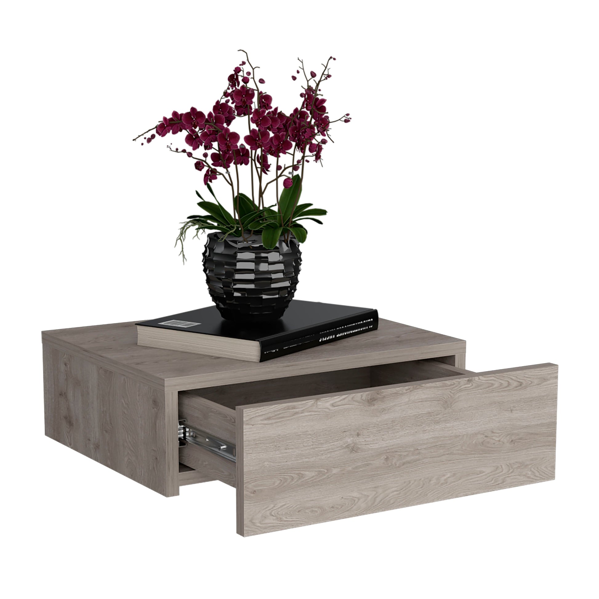 Modern grey wood floating shelf with an open drawer holding a black vase with red orchids