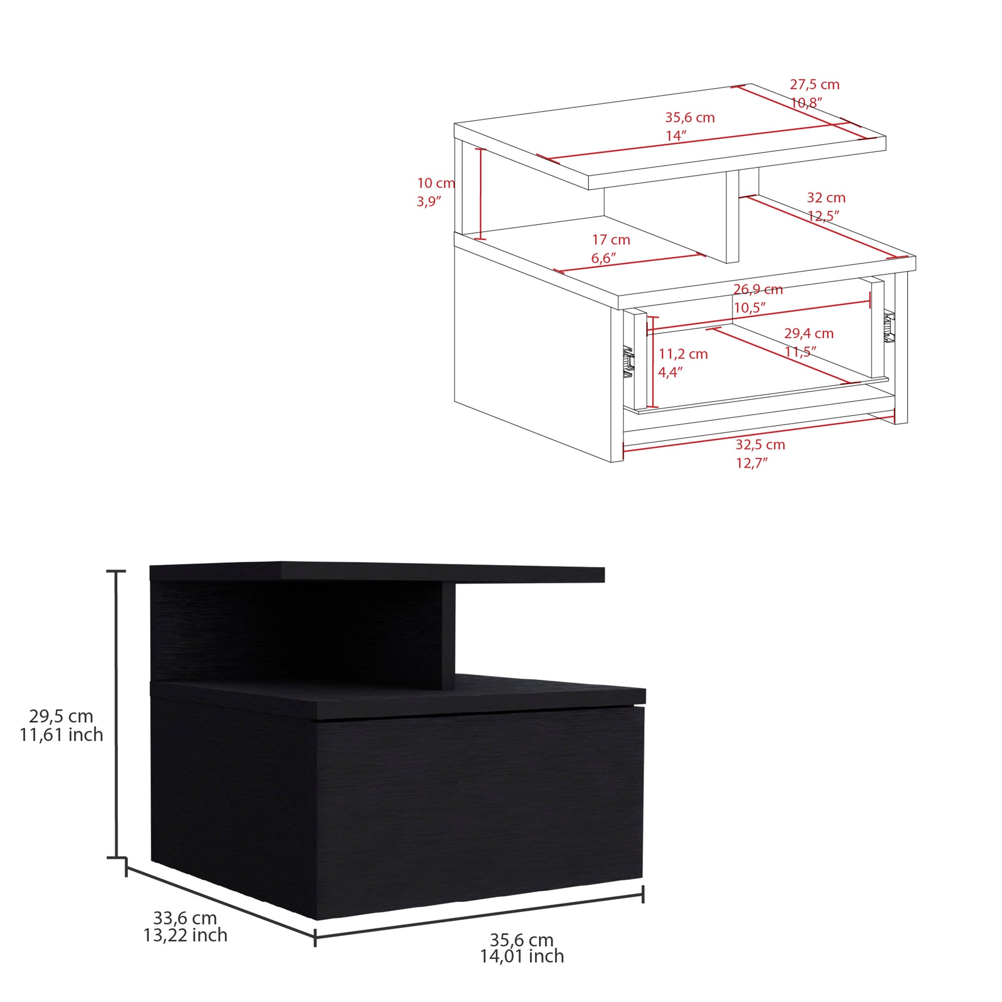 Black wooden bedside table with one drawer and an open shelf dimensions noted