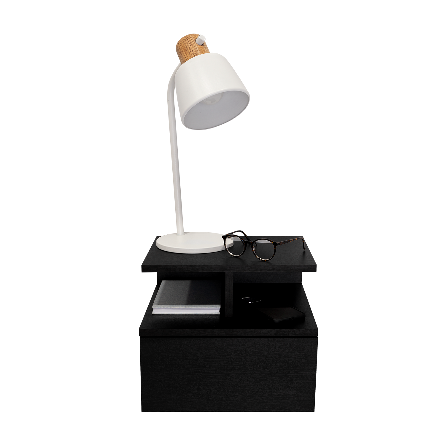Modern white desk lamp with wooden accent on a black nightstand with glasses