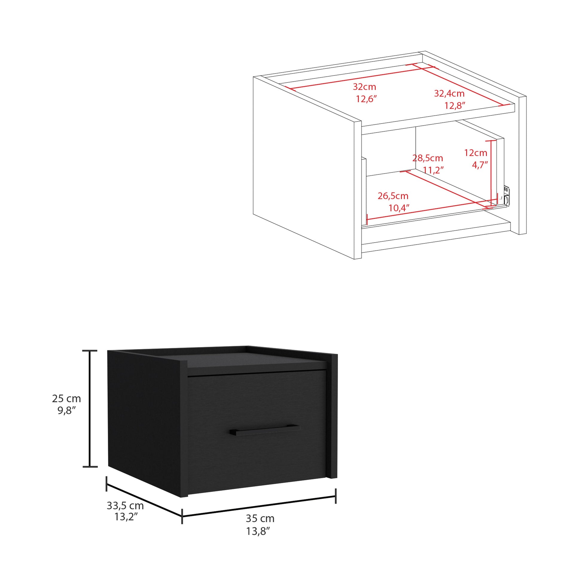 Black bedside table with a single drawer modern design Dimensions xxcm
